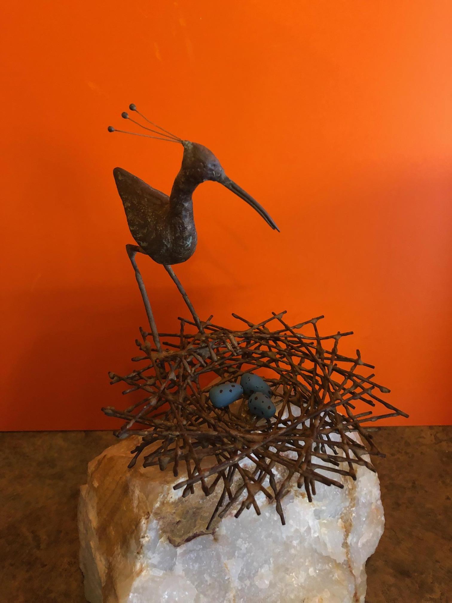 Mid-Century Modern Bird or Sandpiper in Nest Sculpture on Quartz Base by C. Jere
