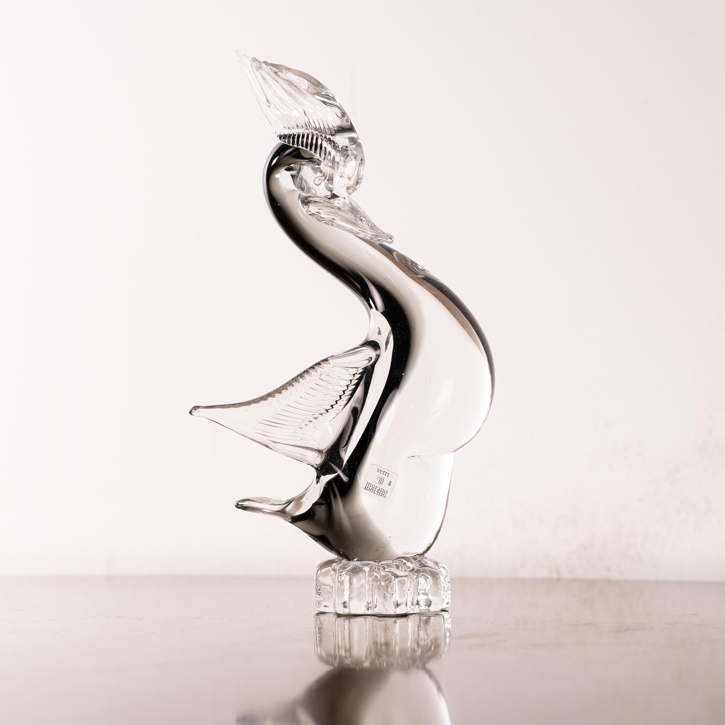 Hand-Crafted Bird Sculpture in Grey and Crystal Murano glass, Italy in stock For Sale