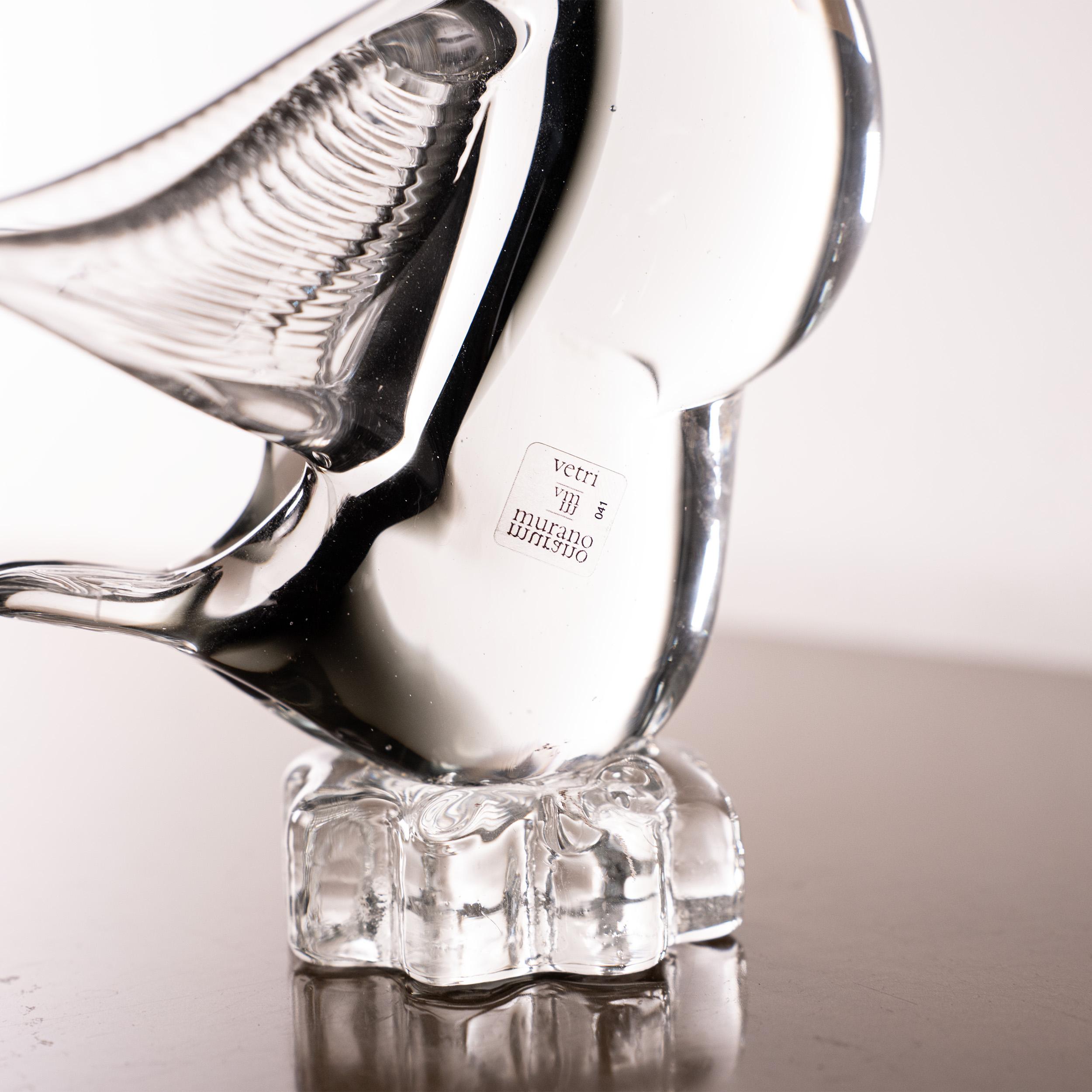 Murano Glass Bird Sculpture in Grey and Crystal Murano glass, Italy in stock For Sale