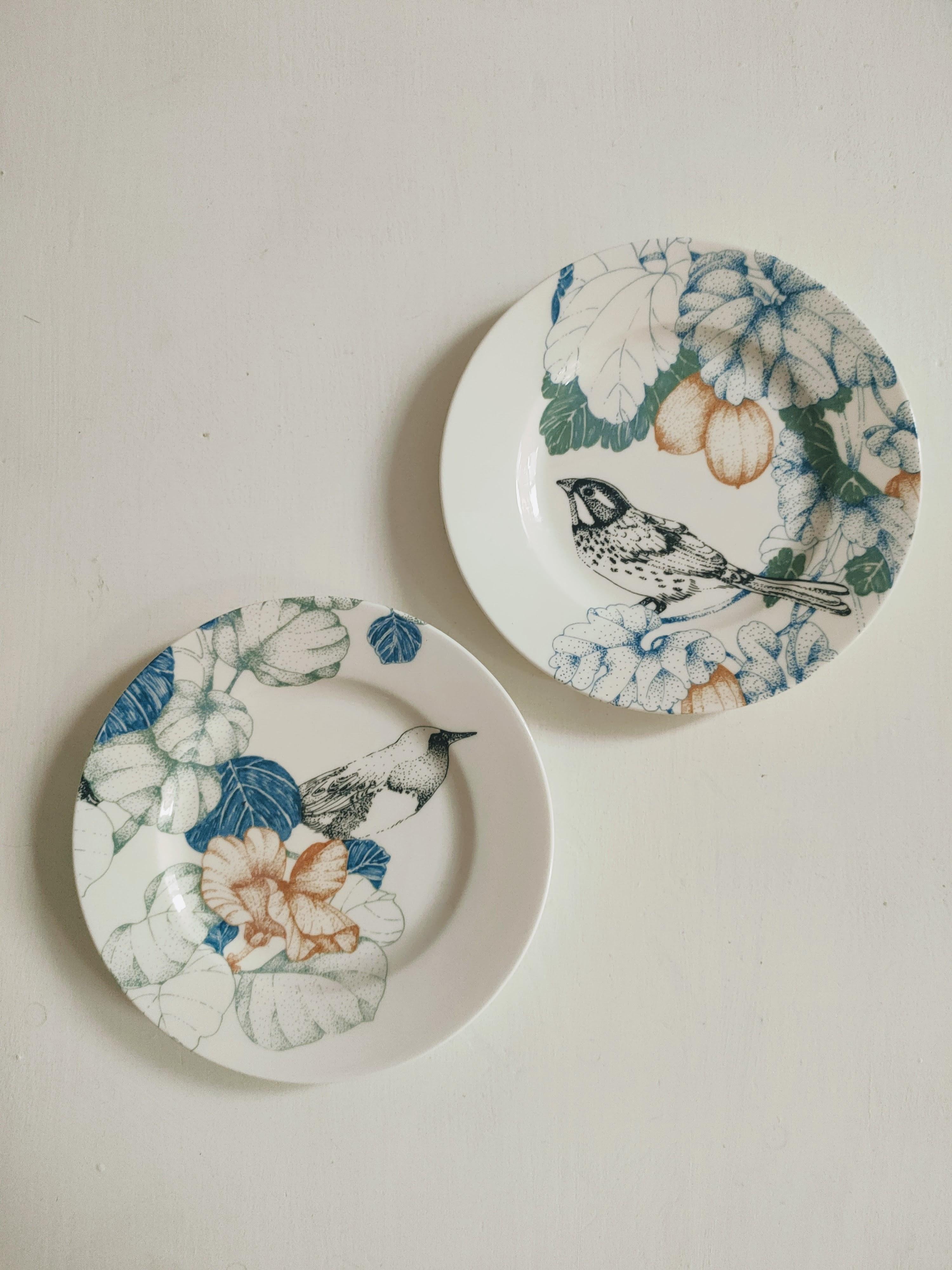 Other Bird Song, Contemporary Porcelain Bread Plate with Birds and Flowers For Sale