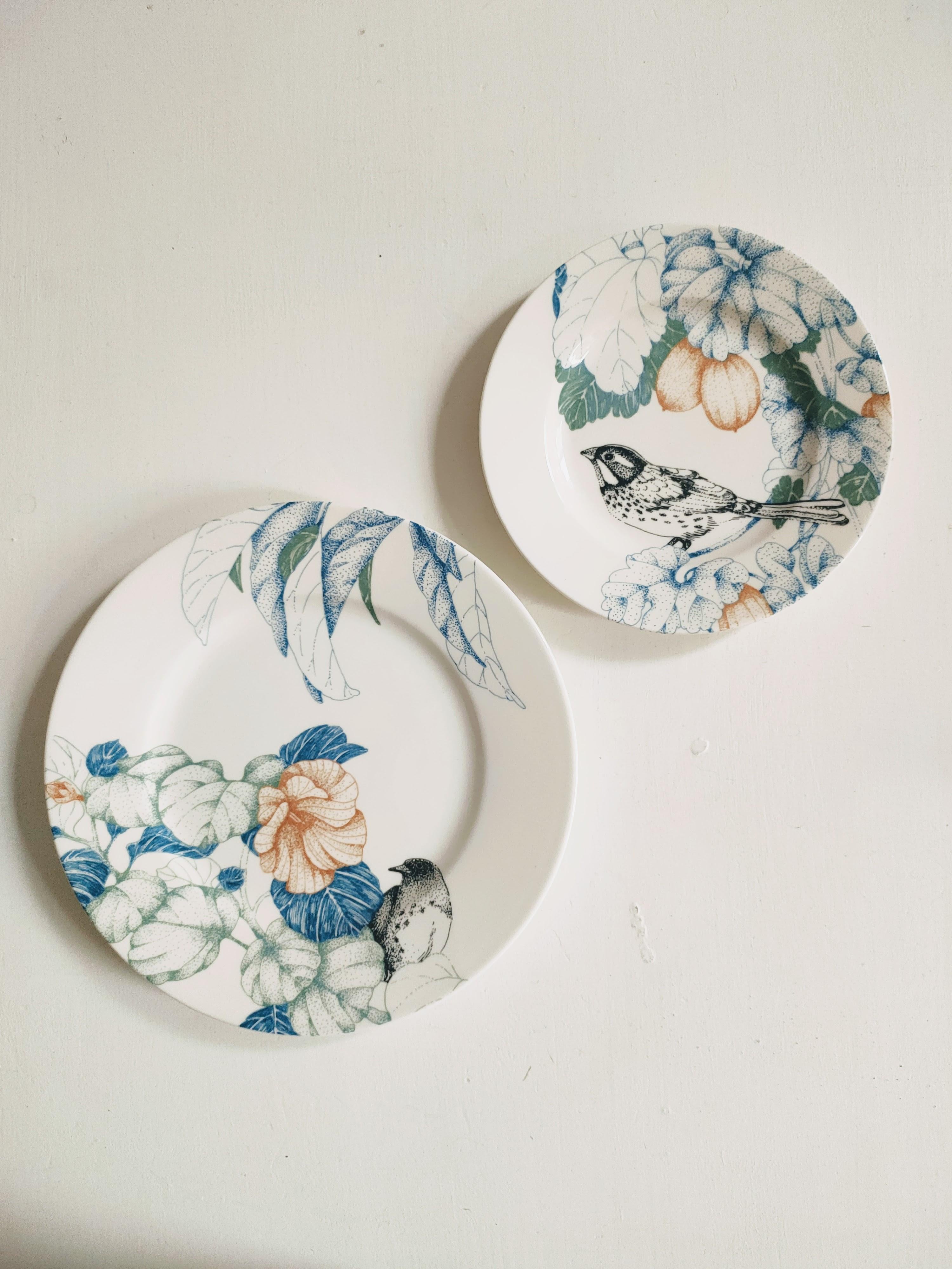 Other Bird Song, Contemporary Porcelain Dessert Plate with Birds and Flowers For Sale