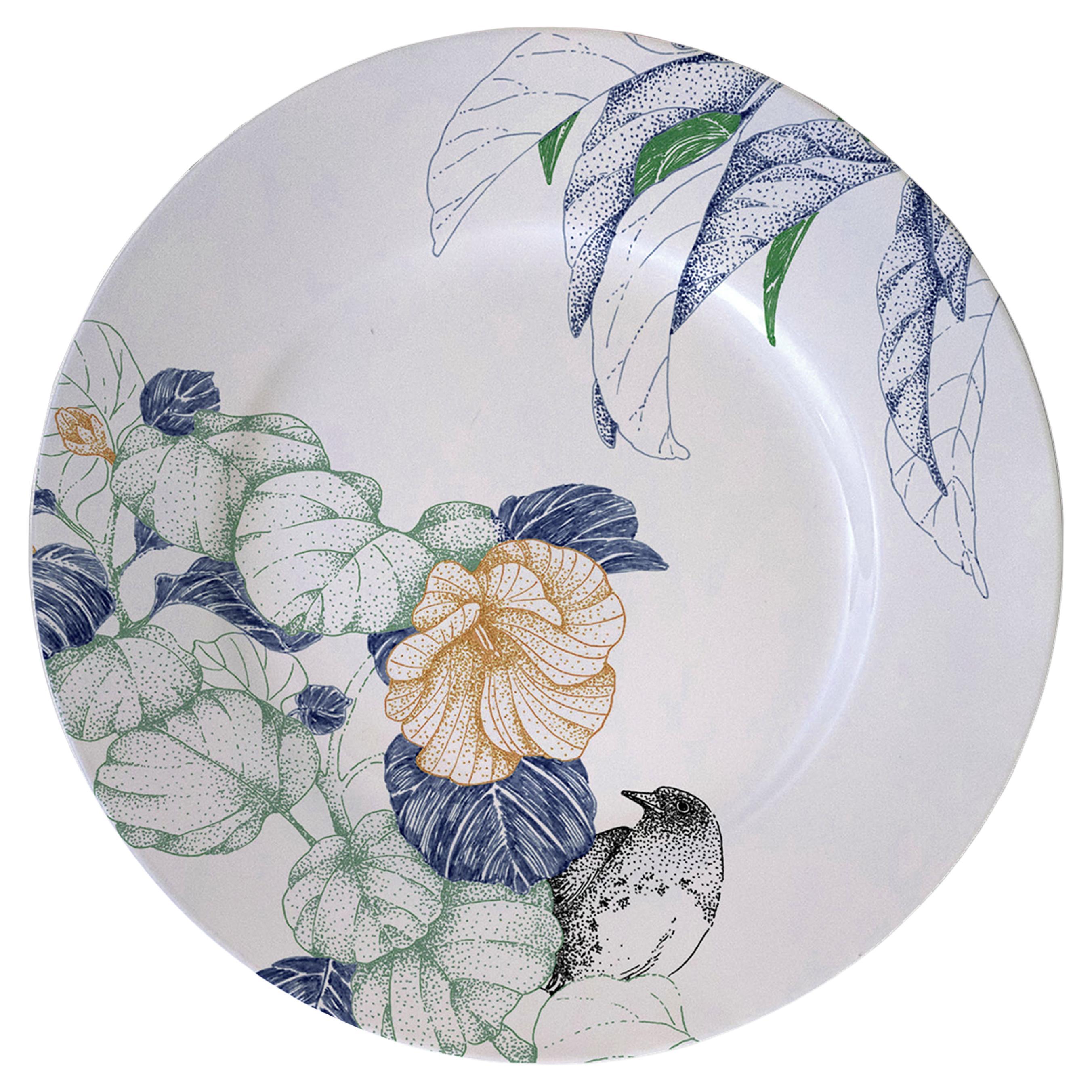 Bird Song, Contemporary Porcelain Dessert Plate with Birds and Flowers For Sale