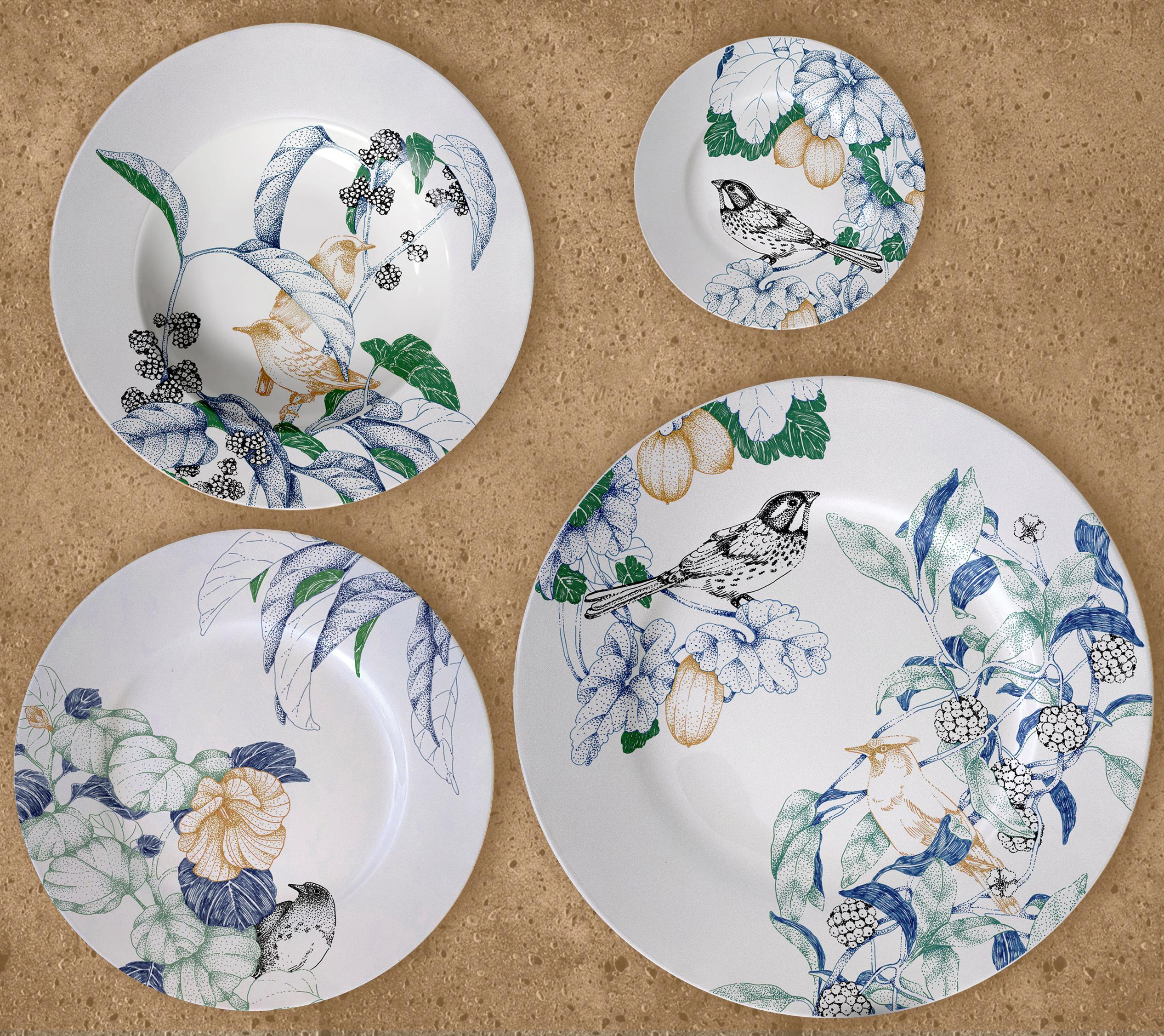 Italian Bird Song, Contemporary Porcelain Dinner Plate with Birds and flowers For Sale