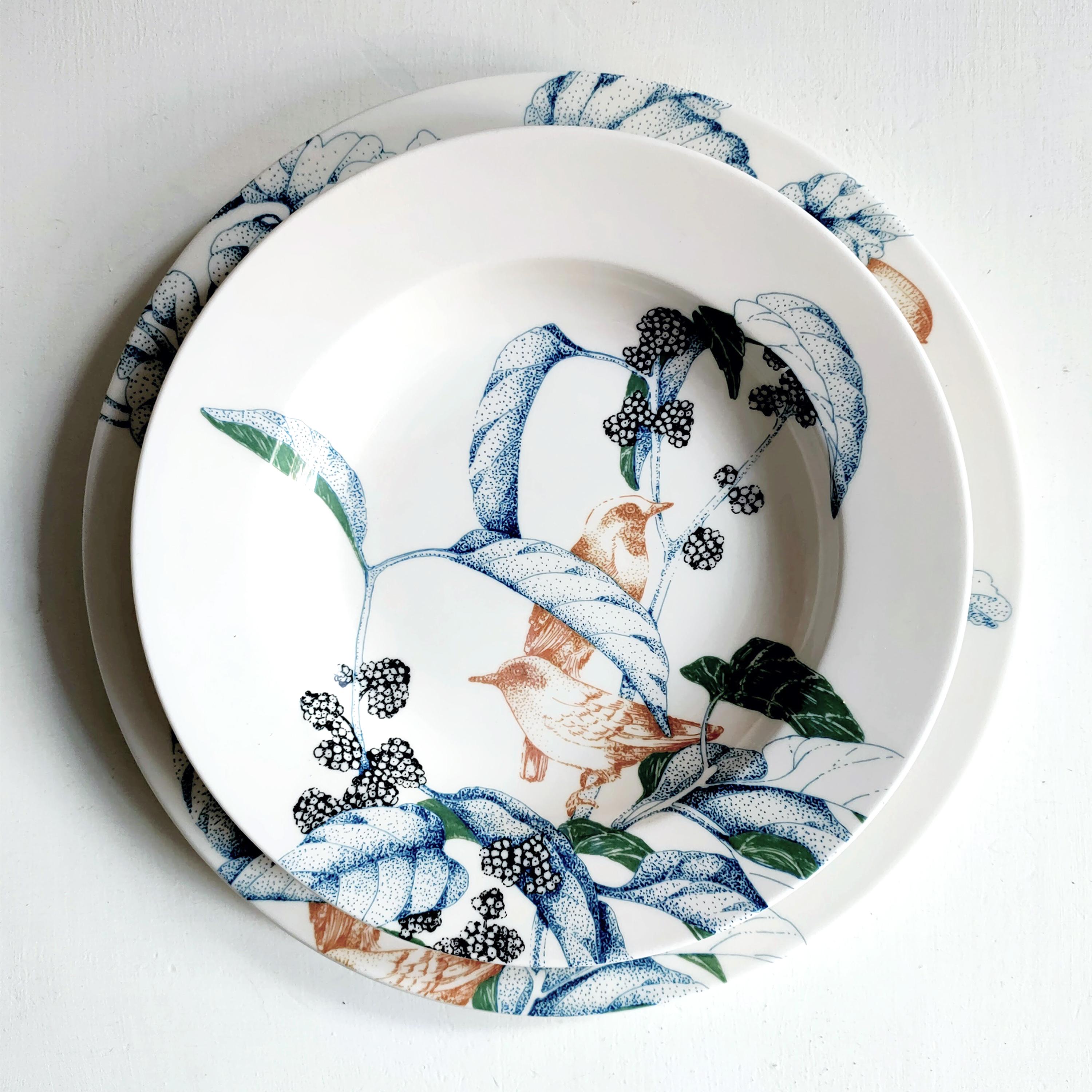 Other Bird Song, Contemporary Porcelain Pasta Plate with Birds and Flowers For Sale