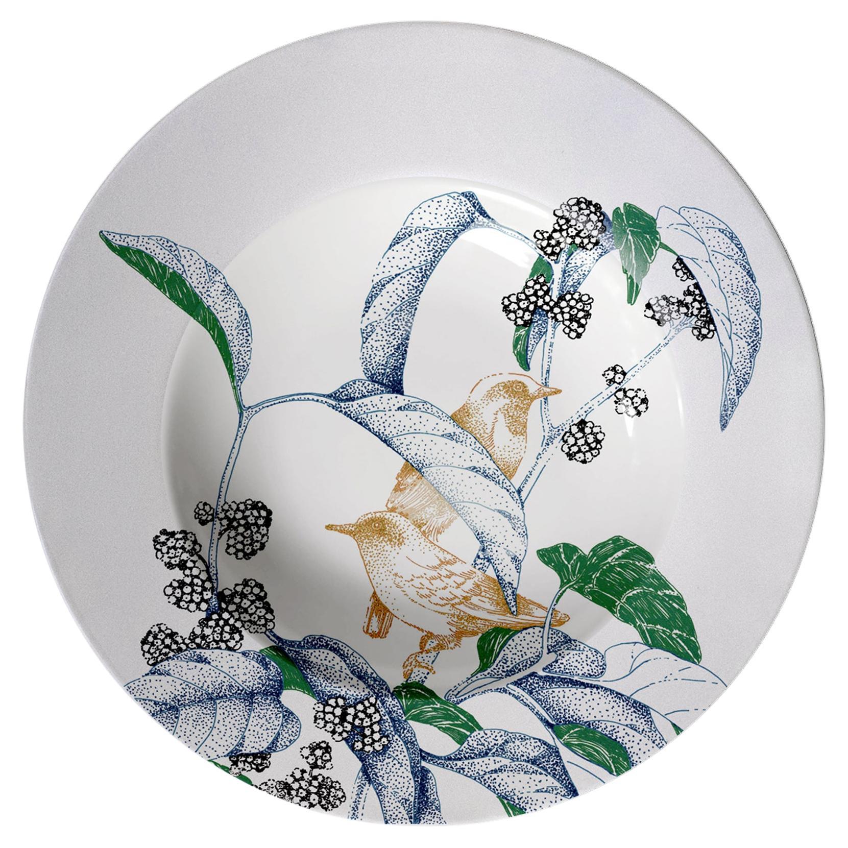 Bird Song, Contemporary Porcelain Pasta Plate with Birds and Flowers For Sale