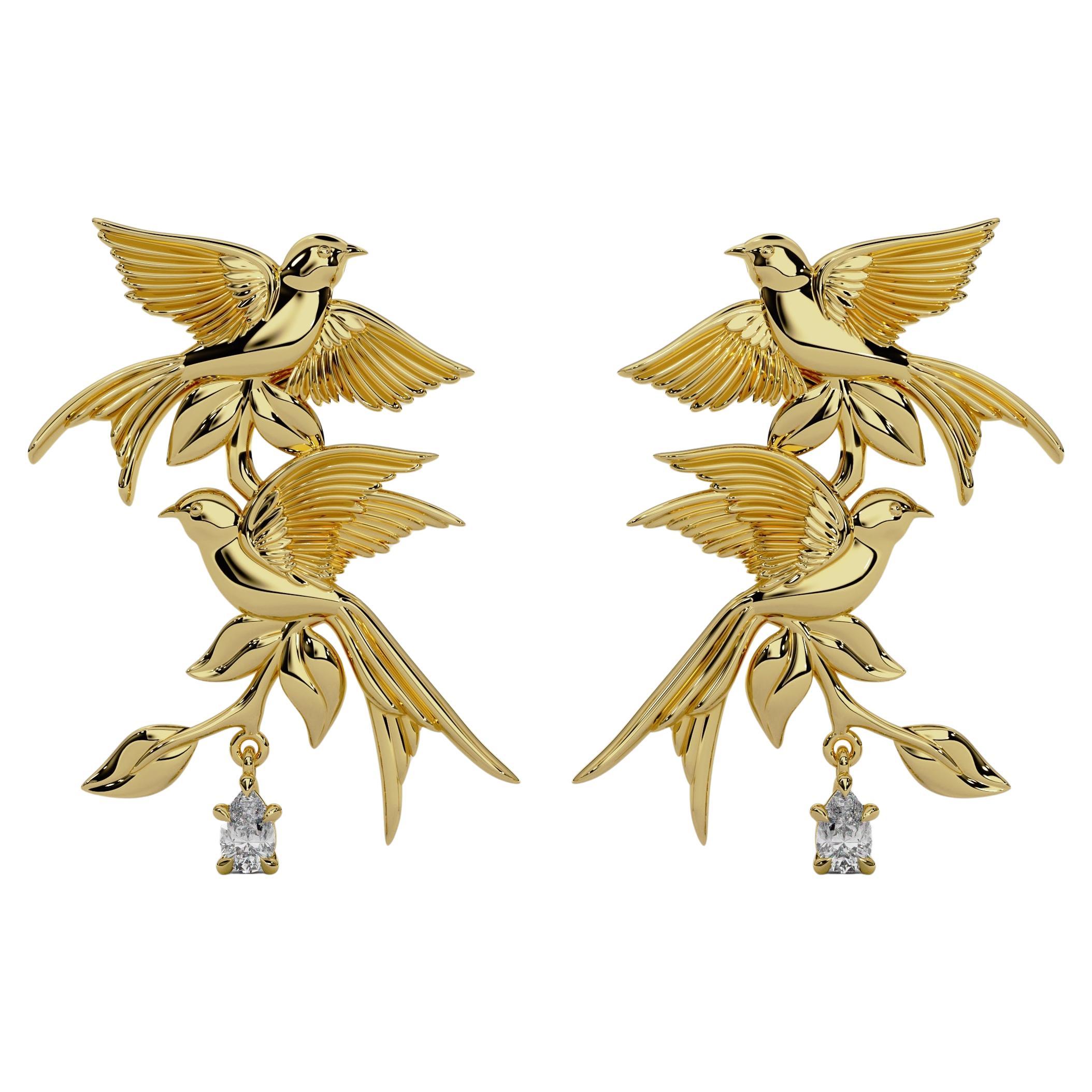 Georgina Yvonne Pendientes de Gota de Diamante Natural "Canto de Pájaro" en Oro Amarillo de 18 ct