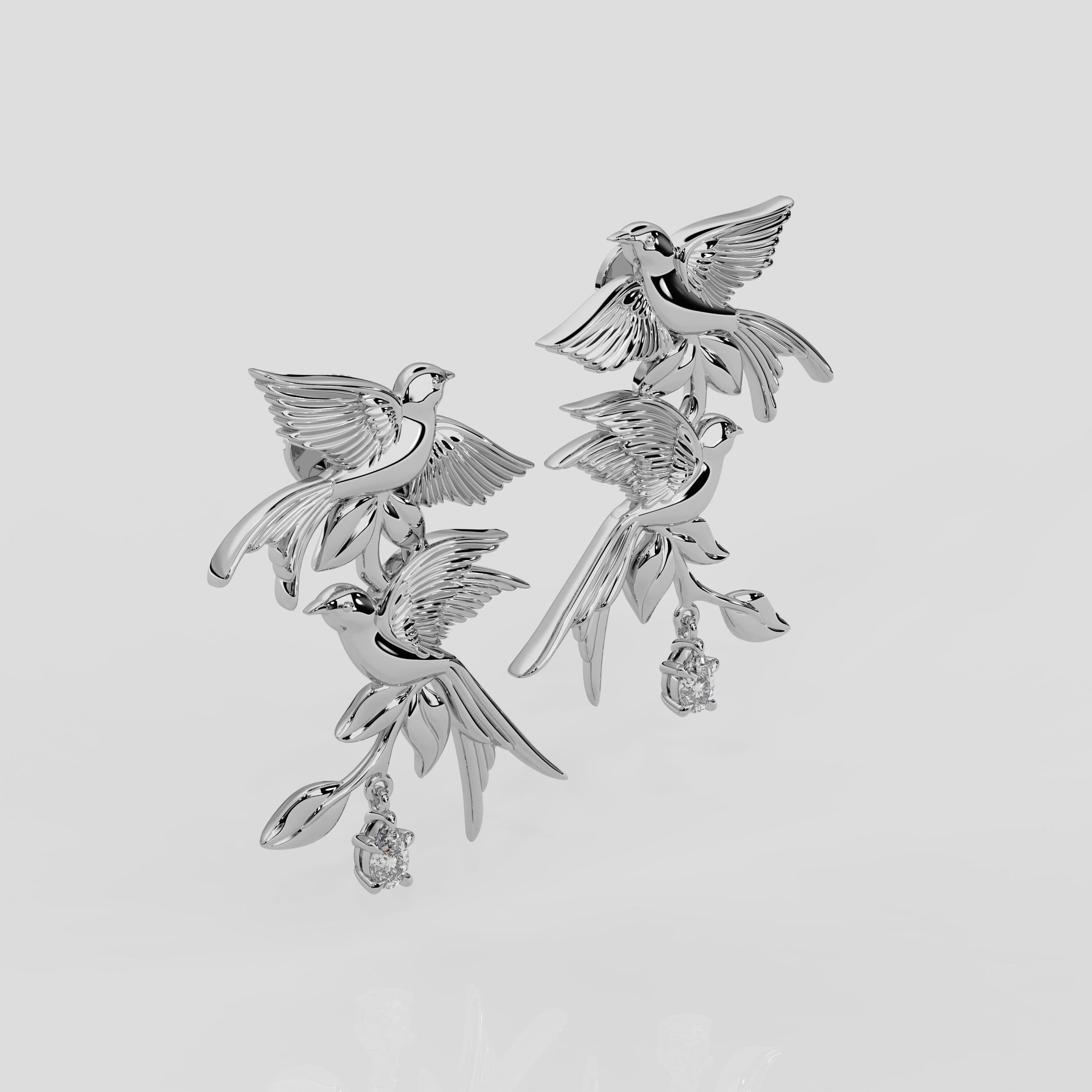 Contemporary Georgina Yvonne 'Bird Song' Natural Diamond Drop Earrings in Platinum For Sale
