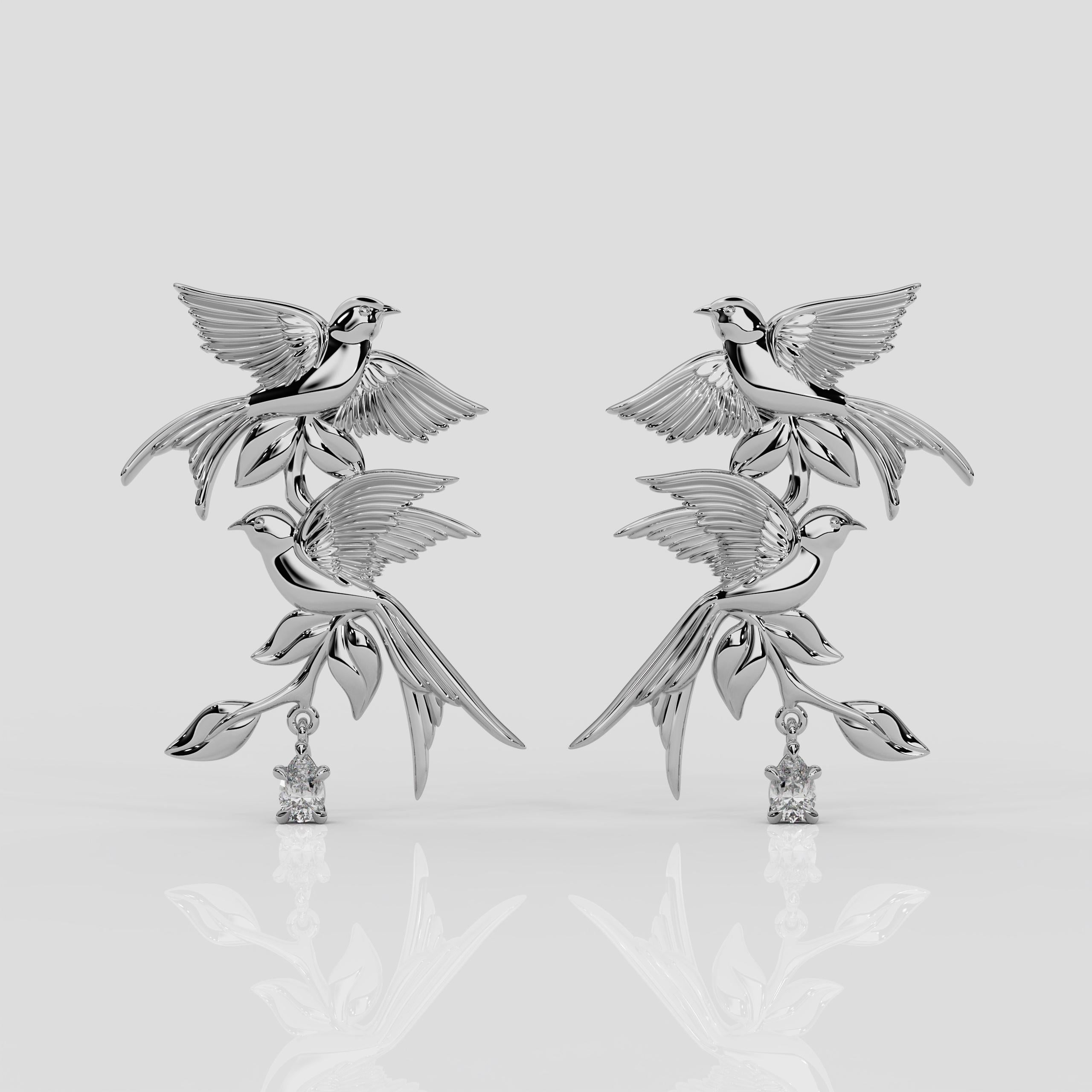 Pear Cut Georgina Yvonne 'Bird Song' Natural Diamond Drop Earrings in Platinum For Sale