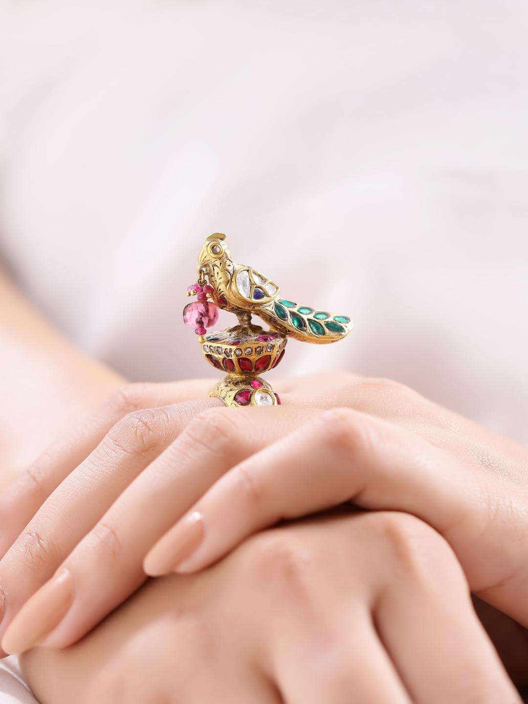 Uncut Bird Statement Ring with Diamonds and Tourmaline Handcrafted in 18 Karat Gold