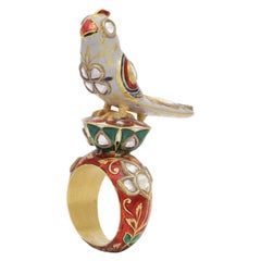 Bird Statement Ring with Diamonds, Enamel Handcrafted in 18 Karat Gold