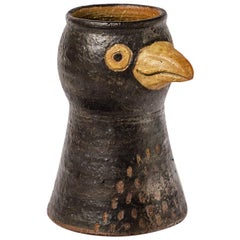 Bird Stoneware Ceramic Vase Signed Black and Yellow Pottery Decoration