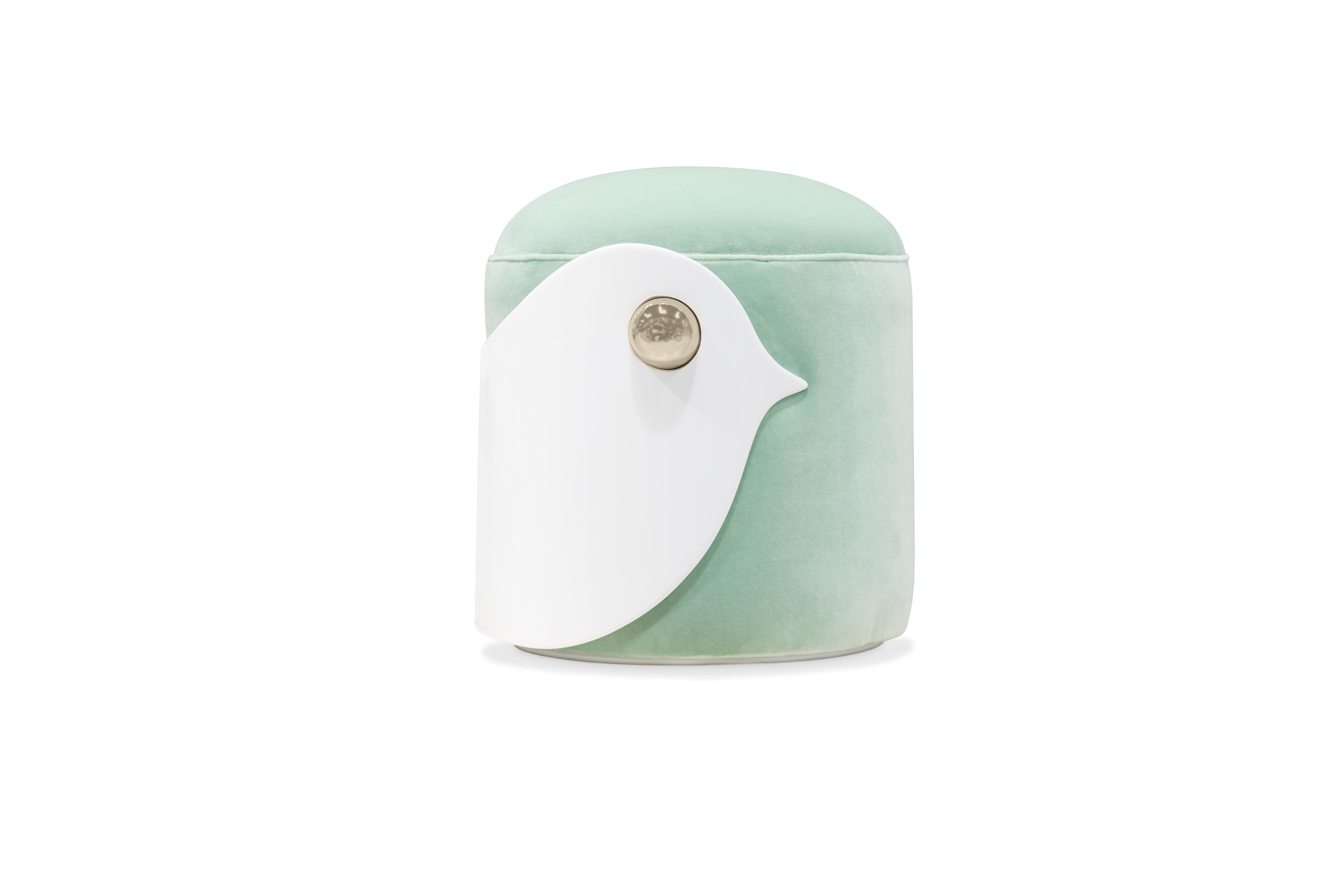 Modern Bird Kids Stool in White Wood and Mint Green Velvet by Circu Magical Furniture For Sale