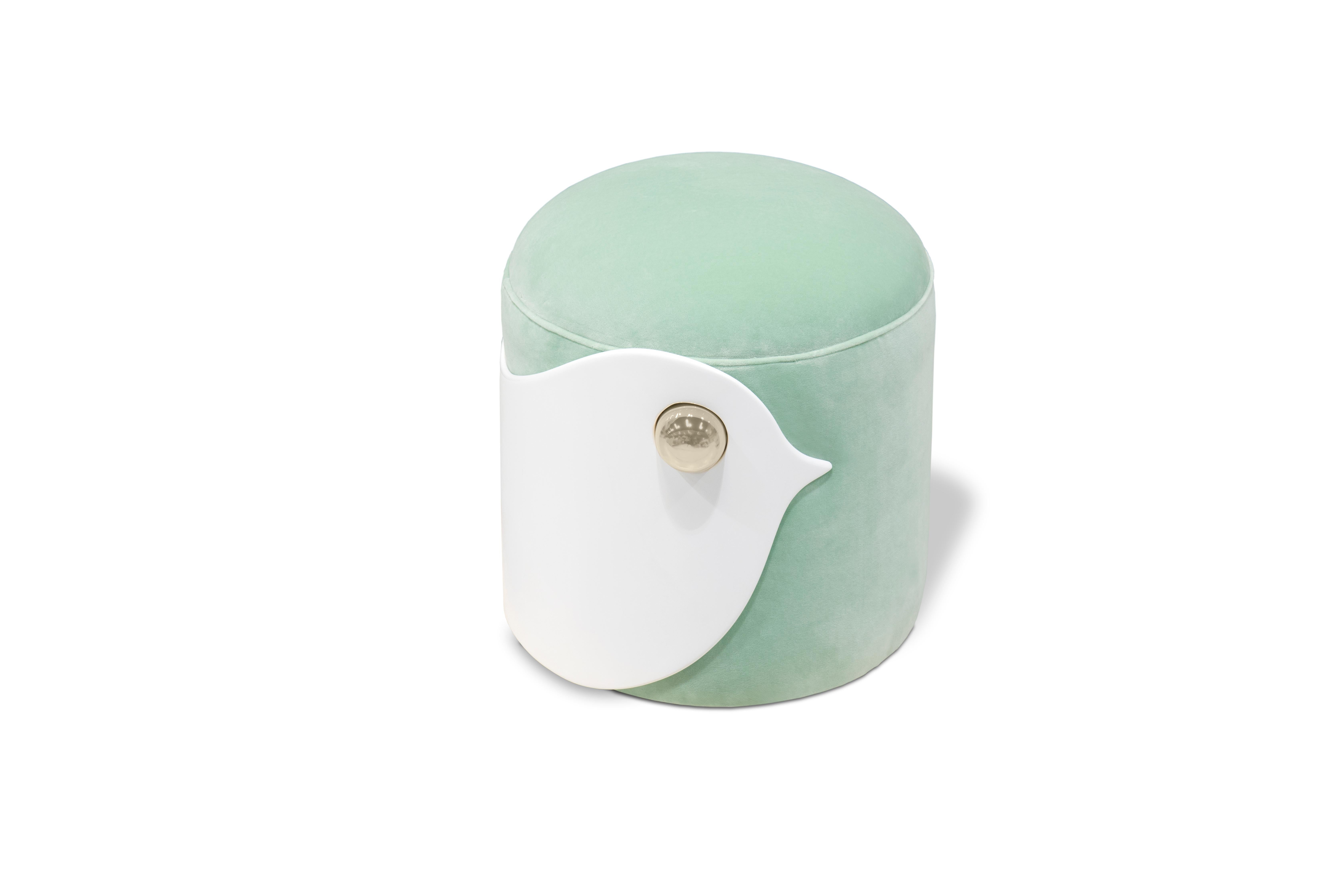 Portuguese Bird Kids Stool in White Wood and Mint Green Velvet by Circu Magical Furniture For Sale