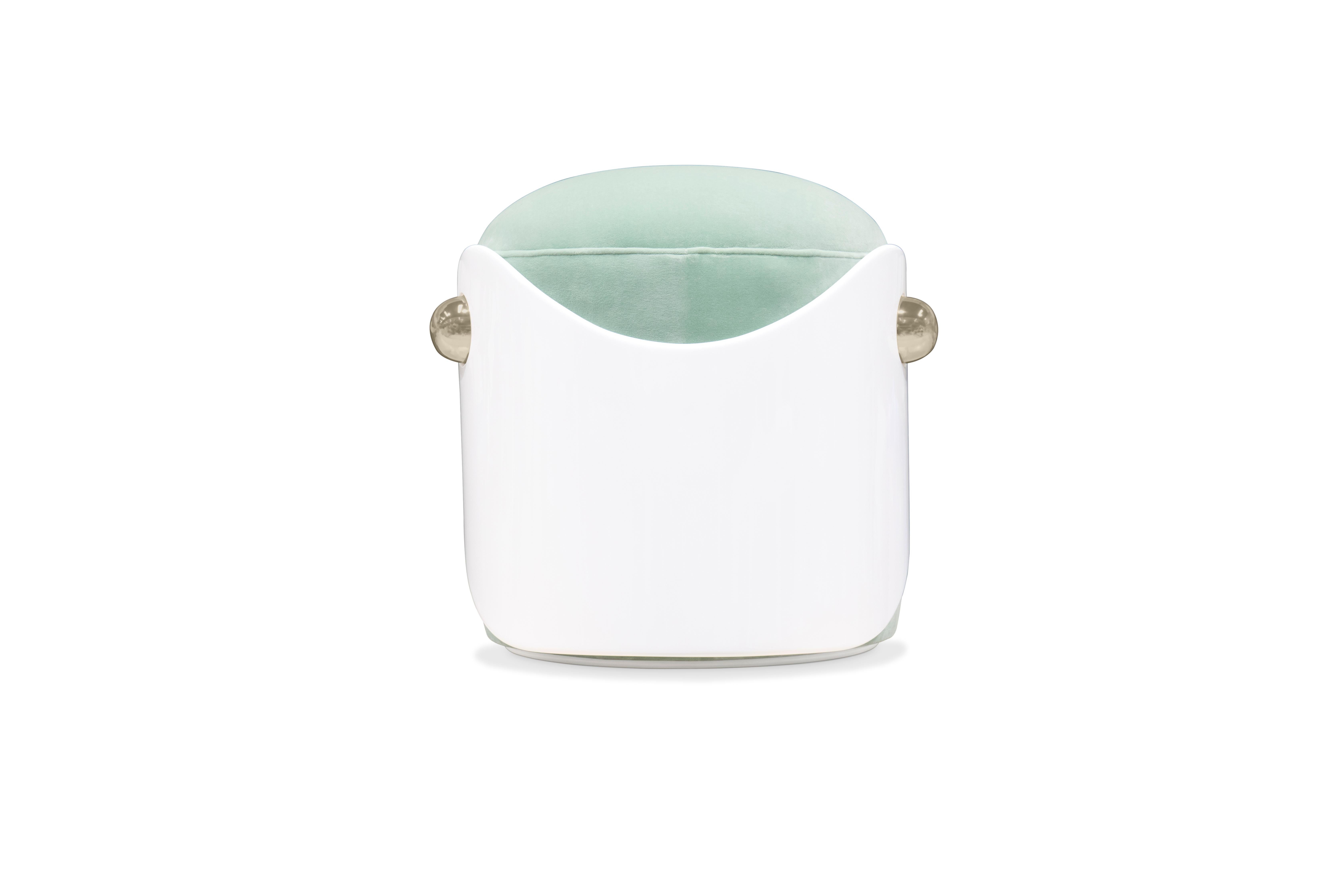 Lacquered Bird Kids Stool in White Wood and Mint Green Velvet by Circu Magical Furniture For Sale