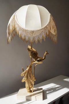 Sculptural Gilt Metal on Travertine Peacock Table Lamp or Floor Lamp, 1970s