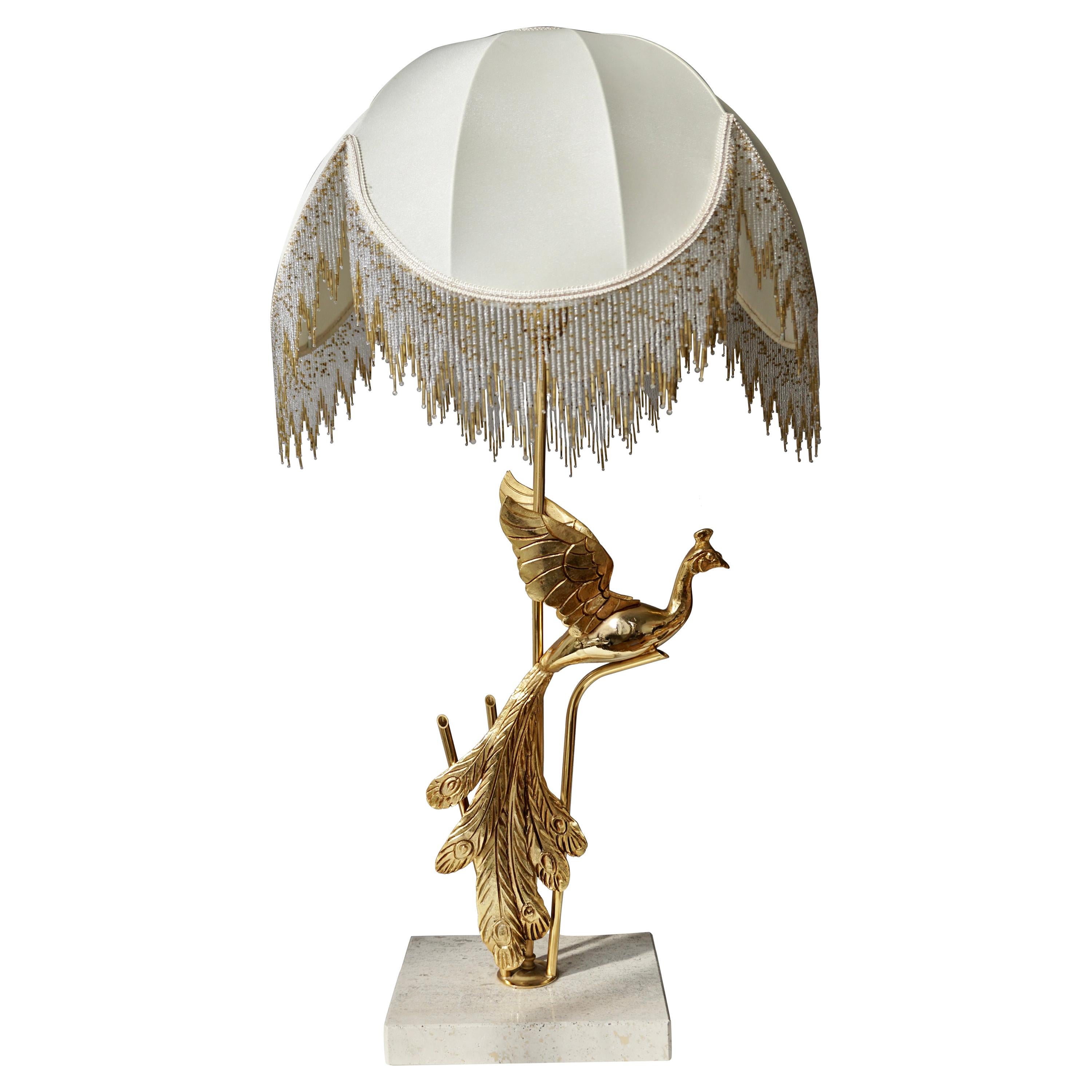 Sculptural Gilt Metal on Travertine Peacock Table Lamp or Floor Lamp, 1970s For Sale