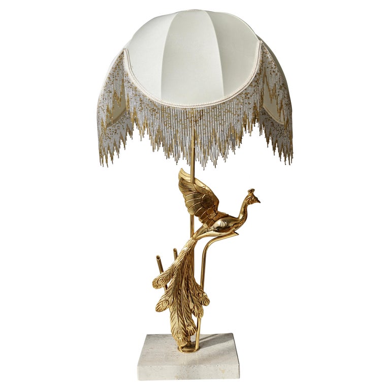 Sculptural Gilt Metal on Travertine Peacock Table Lamp or Floor Lamp 1970s