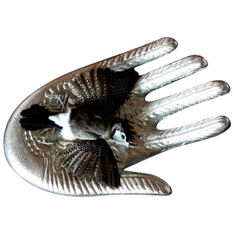 Bird Taxidermy Owl Finch 'Taeniopygia bichenovii' Silver Hand Sculpture For Sale