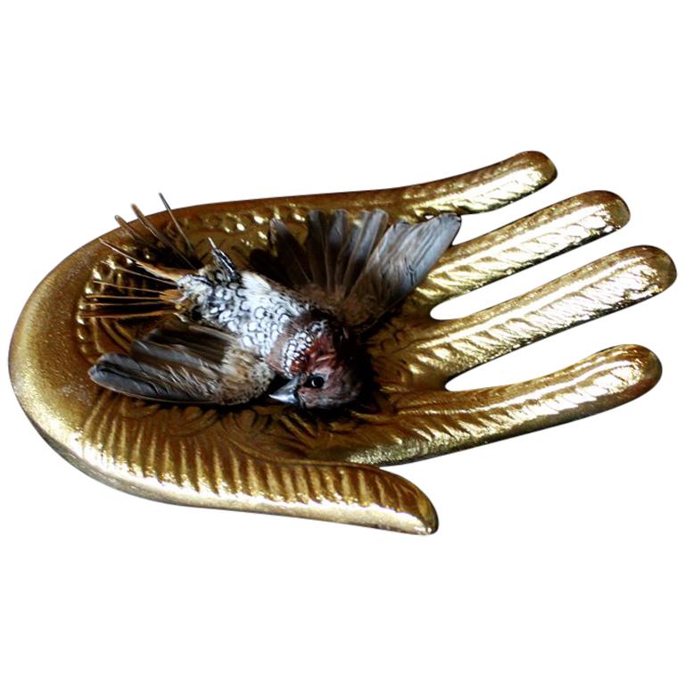 Bird Taxidermy Spice Finch 'Lonchura Punctulata' Gold Hand Sculpture For Sale