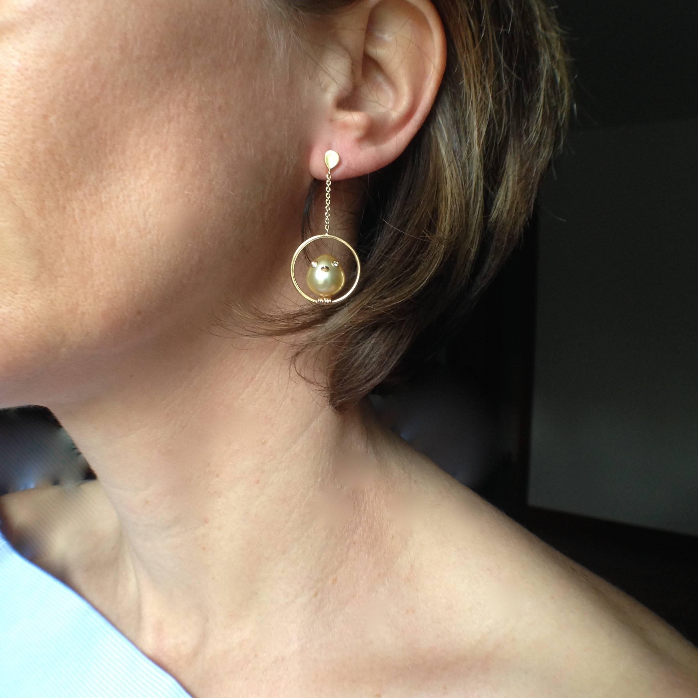 Bird Diamond South Sea Oval Pearl 18Kt Gold Drop Dangle Earrings Made in Italy 5