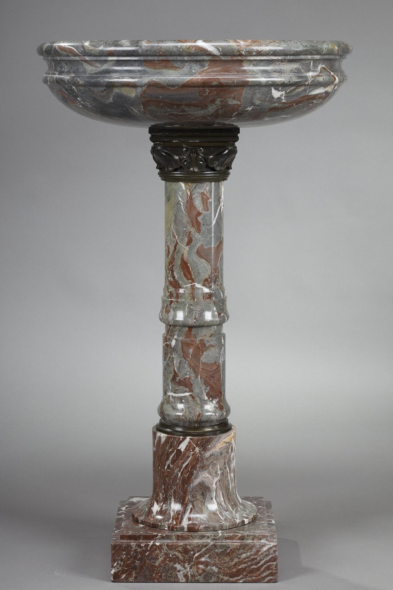 French Birdbath in Grey and Red Marble with Bronze Decoration For Sale