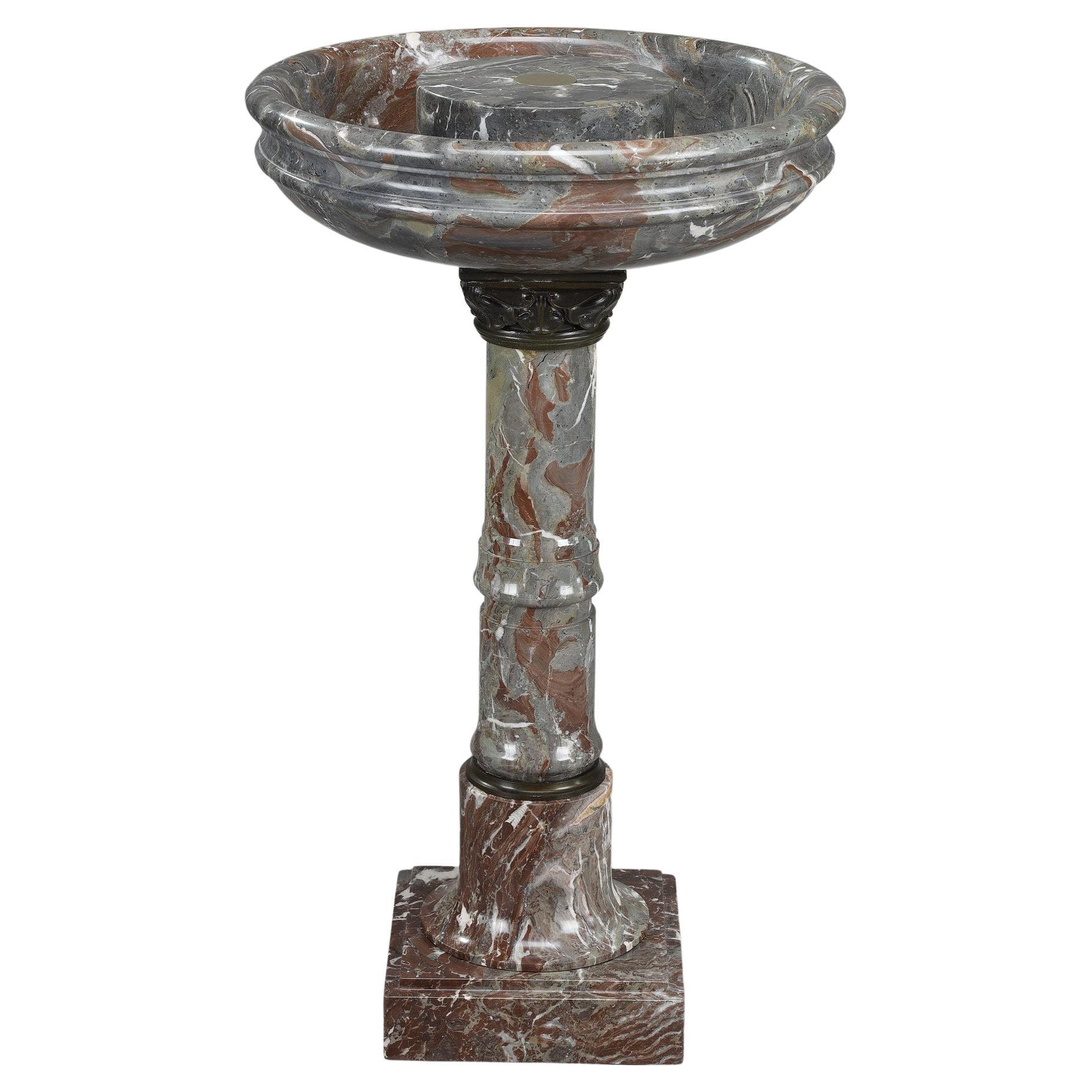 Birdbath in Grey and Red Marble with Bronze Decoration For Sale