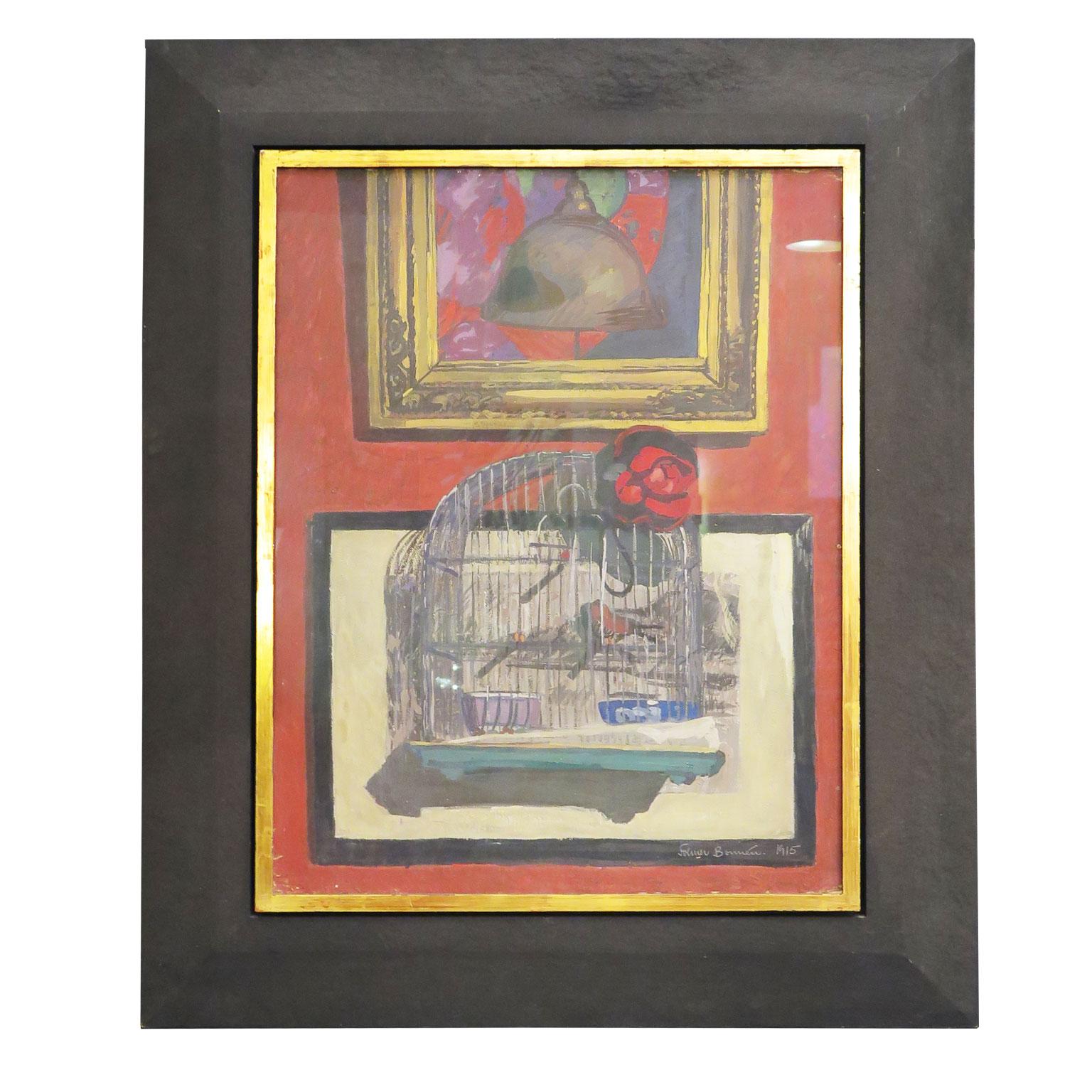 Birdcage and Rose Painting by Folmer Bonnen, 1915