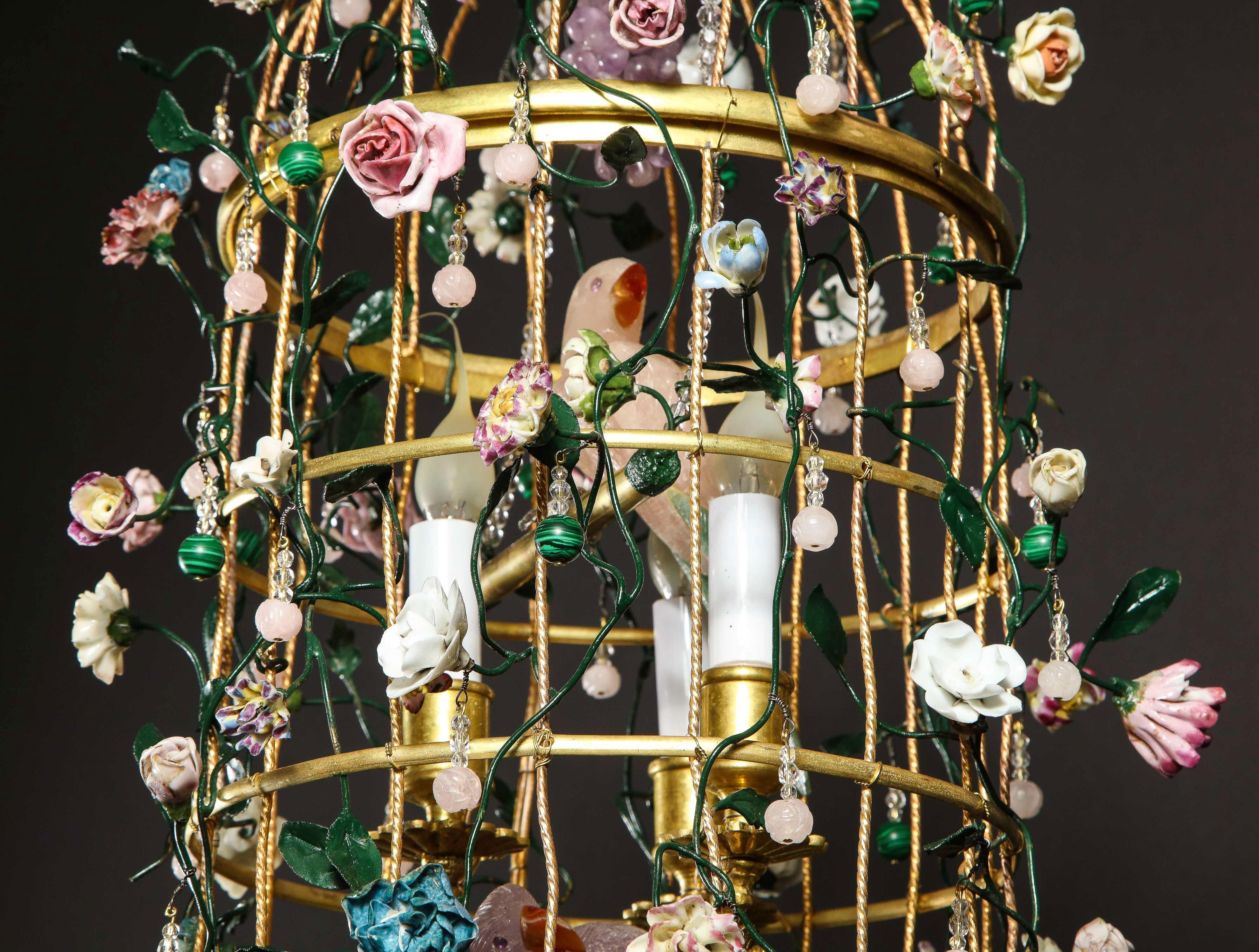 Hand-Crafted Birdcage Chandelier w/ 2 Rock Crystal Birds Perched Inside W/ Porcelain Flowers For Sale
