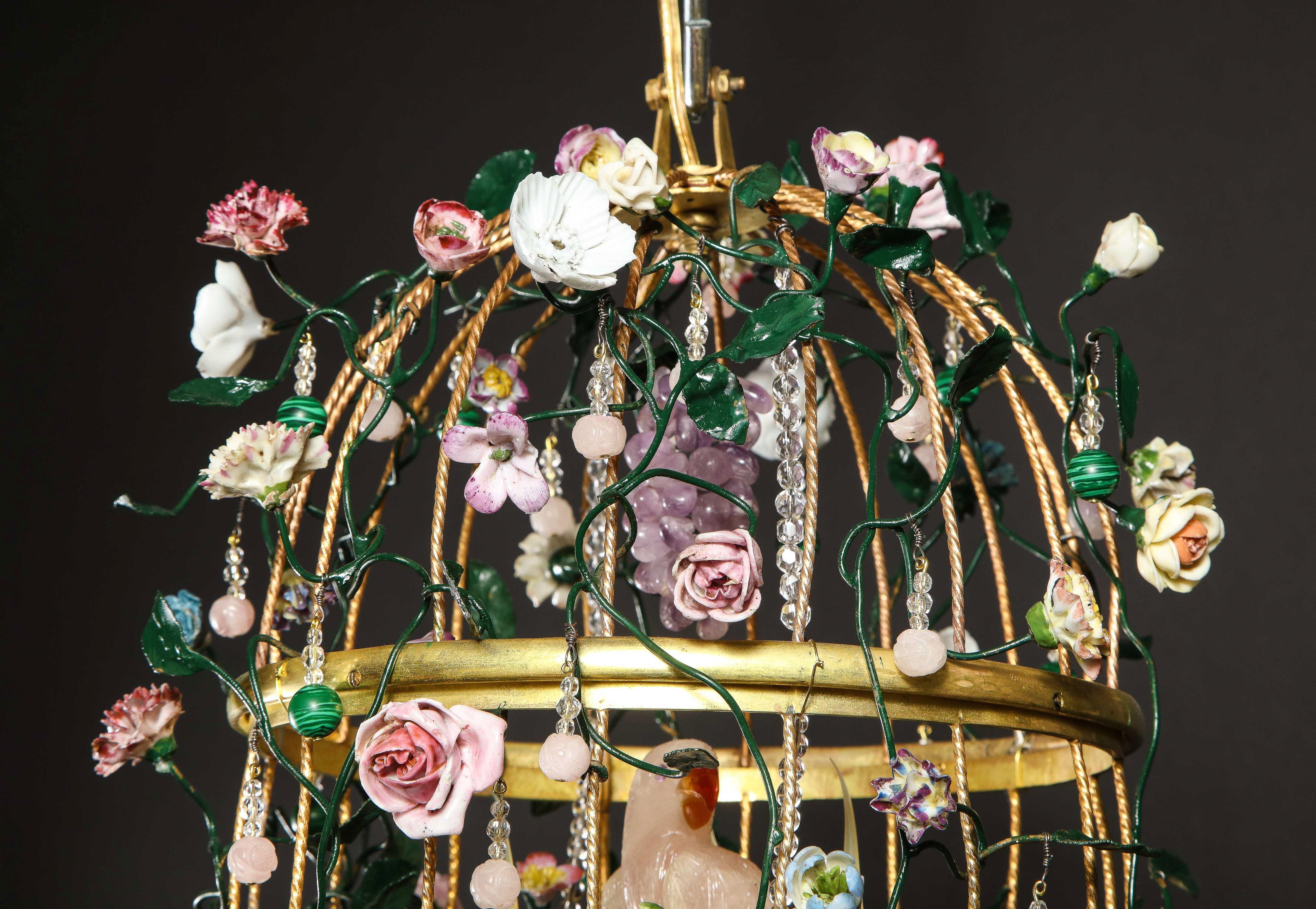 Birdcage Chandelier w/ 2 Rock Crystal Birds Perched Inside W/ Porcelain Flowers In Good Condition For Sale In New York, NY