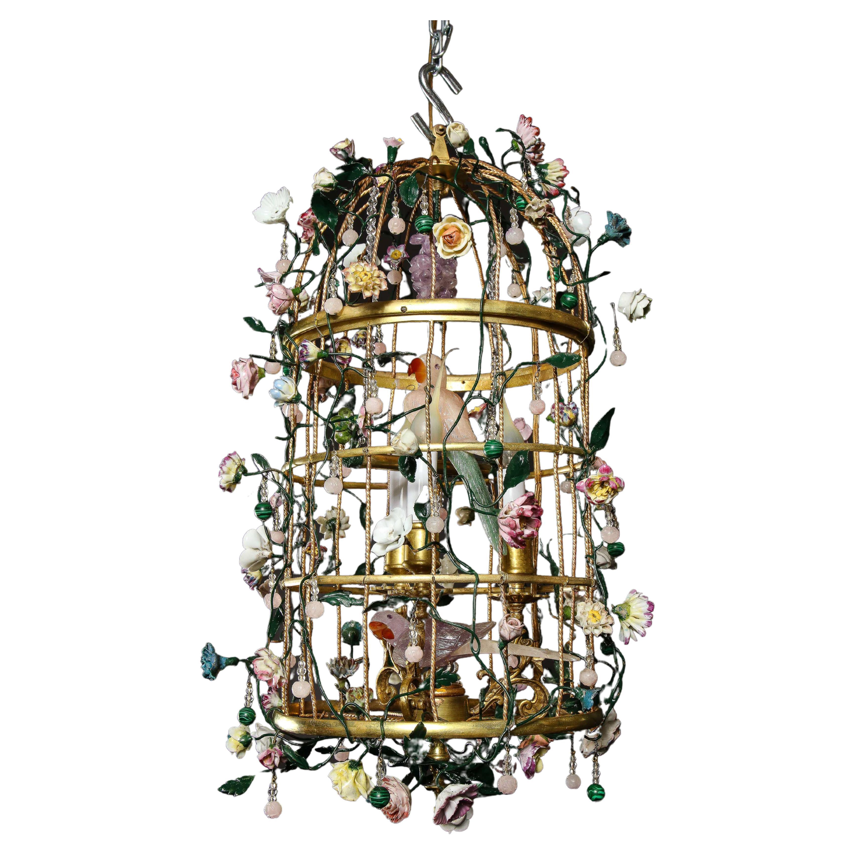 Birdcage Chandelier w/ 2 Rock Crystal Birds Perched Inside W/ Porcelain Flowers For Sale