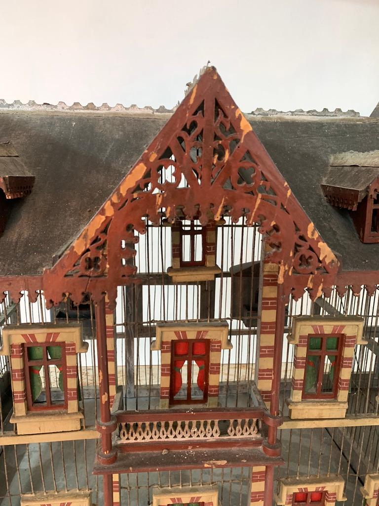 Antique French unique handmade, carved and painted dolls house-like birdcage - oversized and with many unique details which makes it look more like a birds-chateau and is very far from 