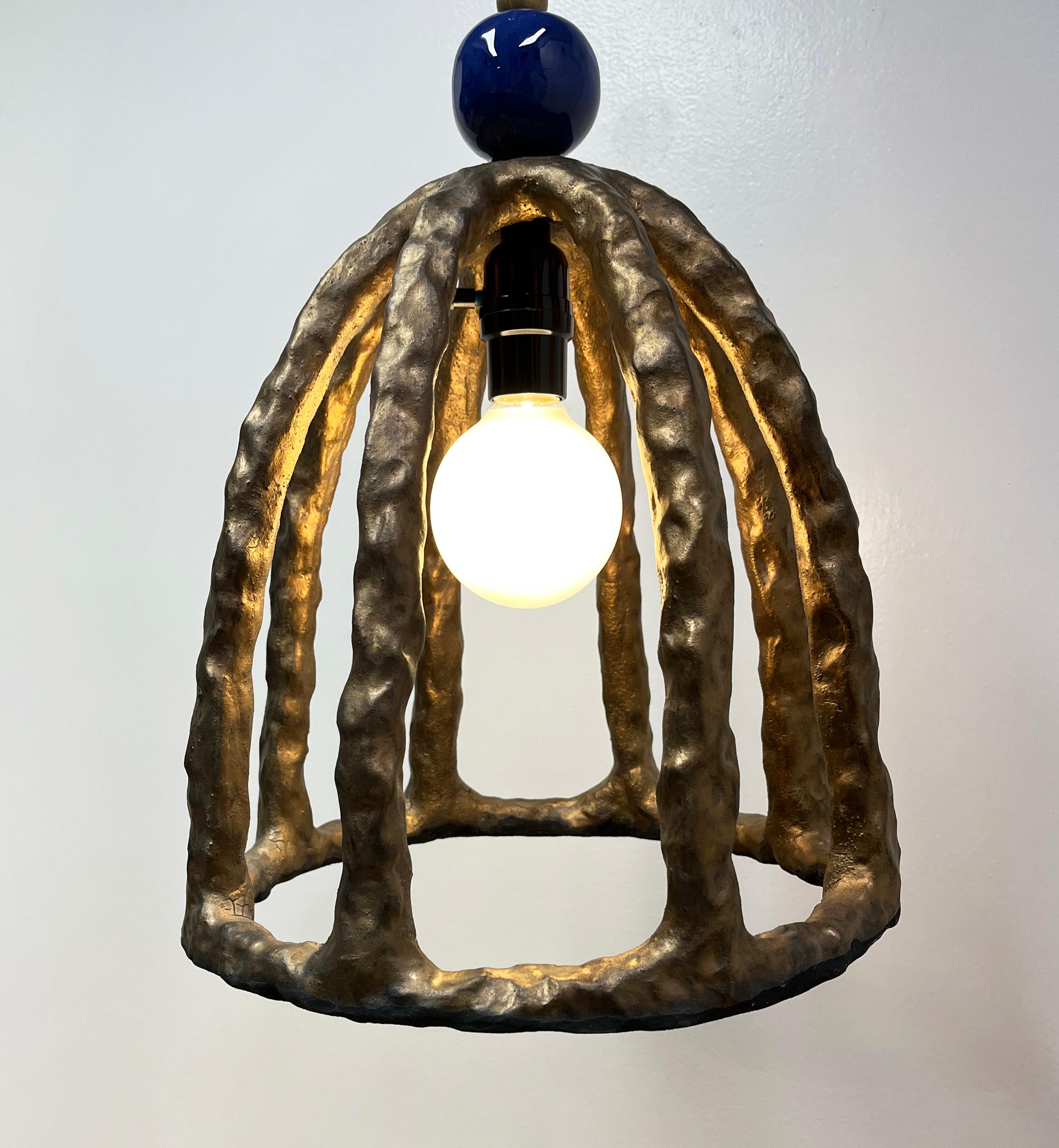Birdcage Stoneware Pendant Lamp Pair by Olivia Barry / By Hand Eclectic Mix For Sale 3