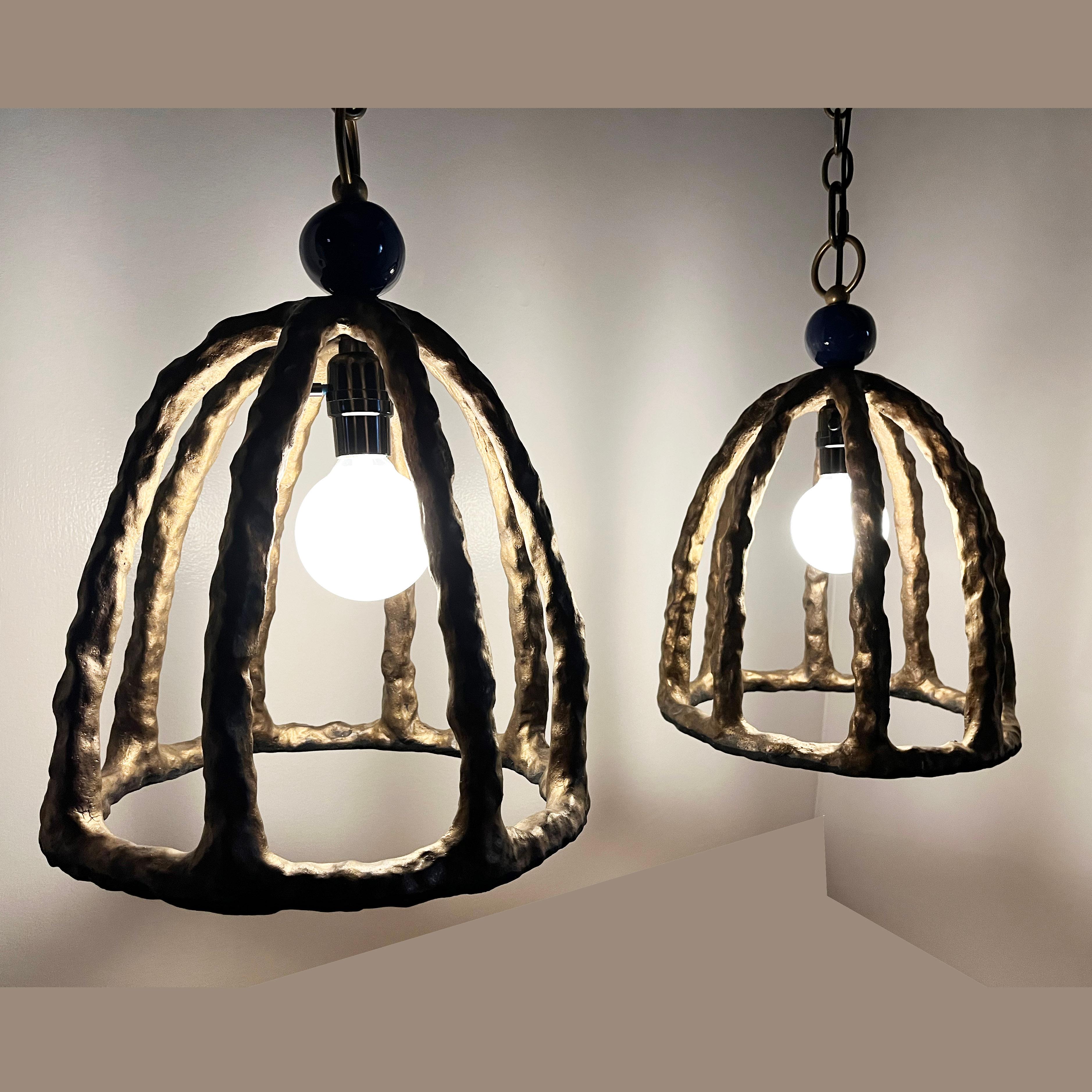 Brutalist Birdcage Stoneware Pendant Lamp Pair by Olivia Barry / By Hand Eclectic Mix For Sale
