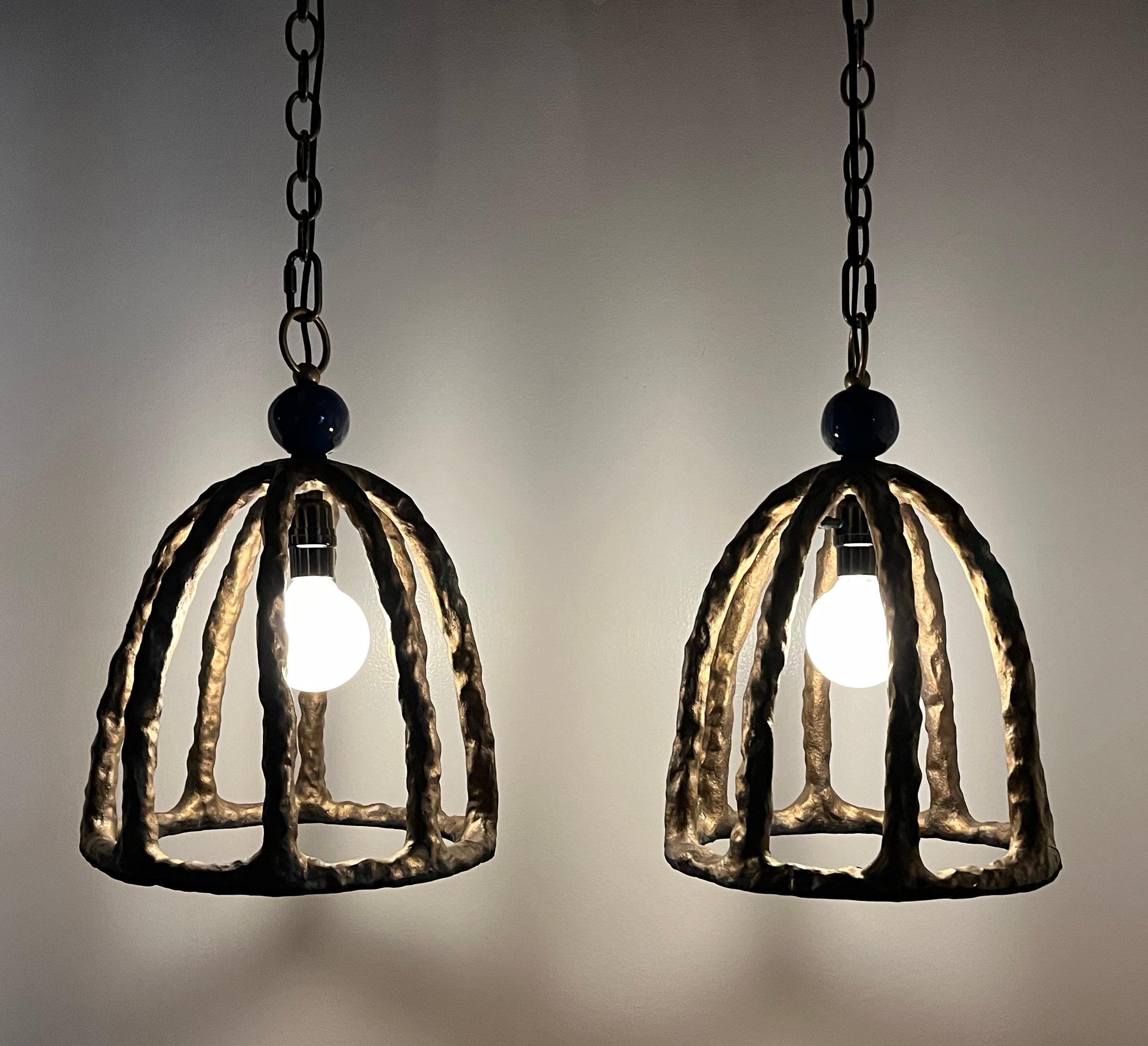 Glazed Birdcage Stoneware Pendant Lamp Pair by Olivia Barry / By Hand Eclectic Mix For Sale