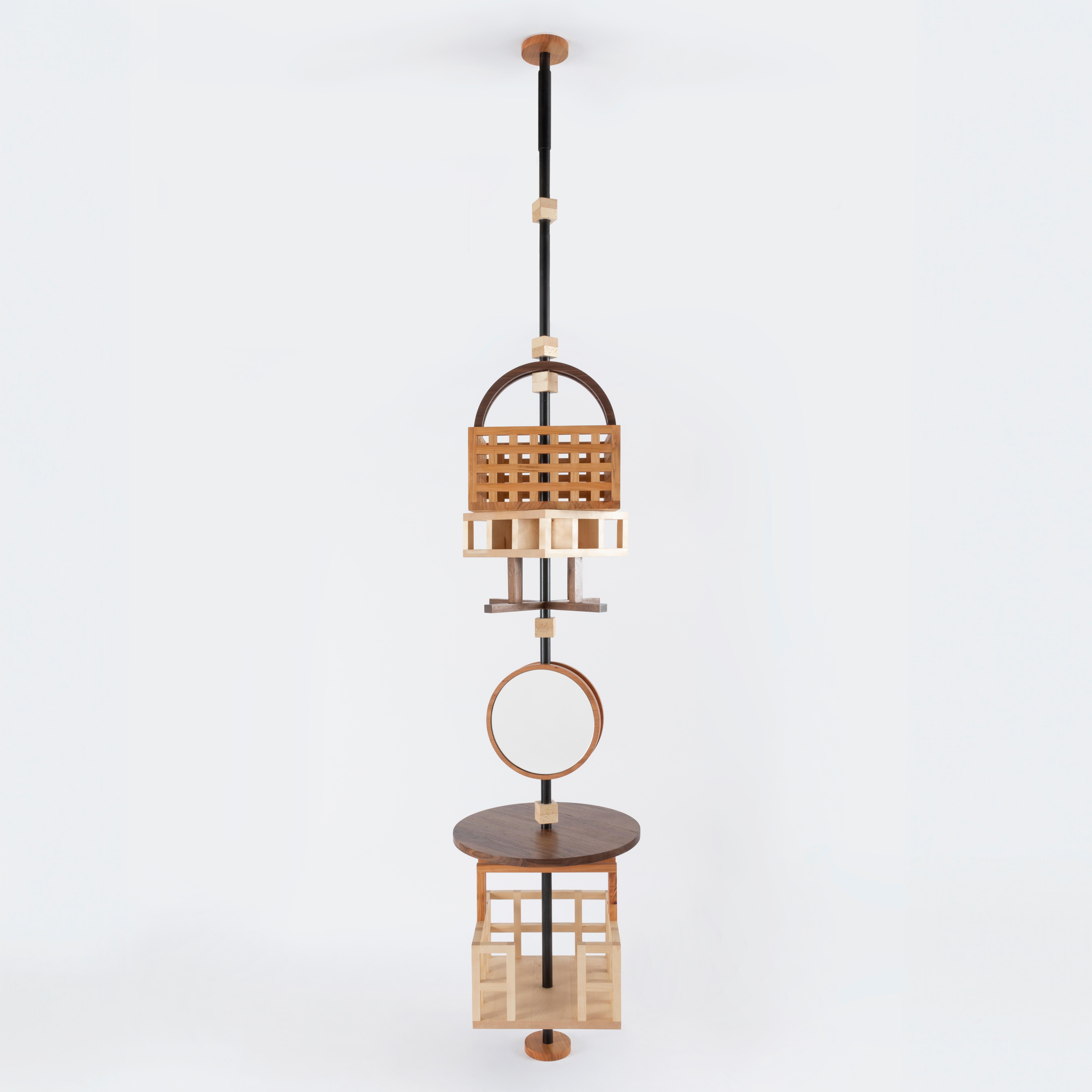 Italian Birdie Sky Earth container - Shelf and mirror in solid wood For Sale