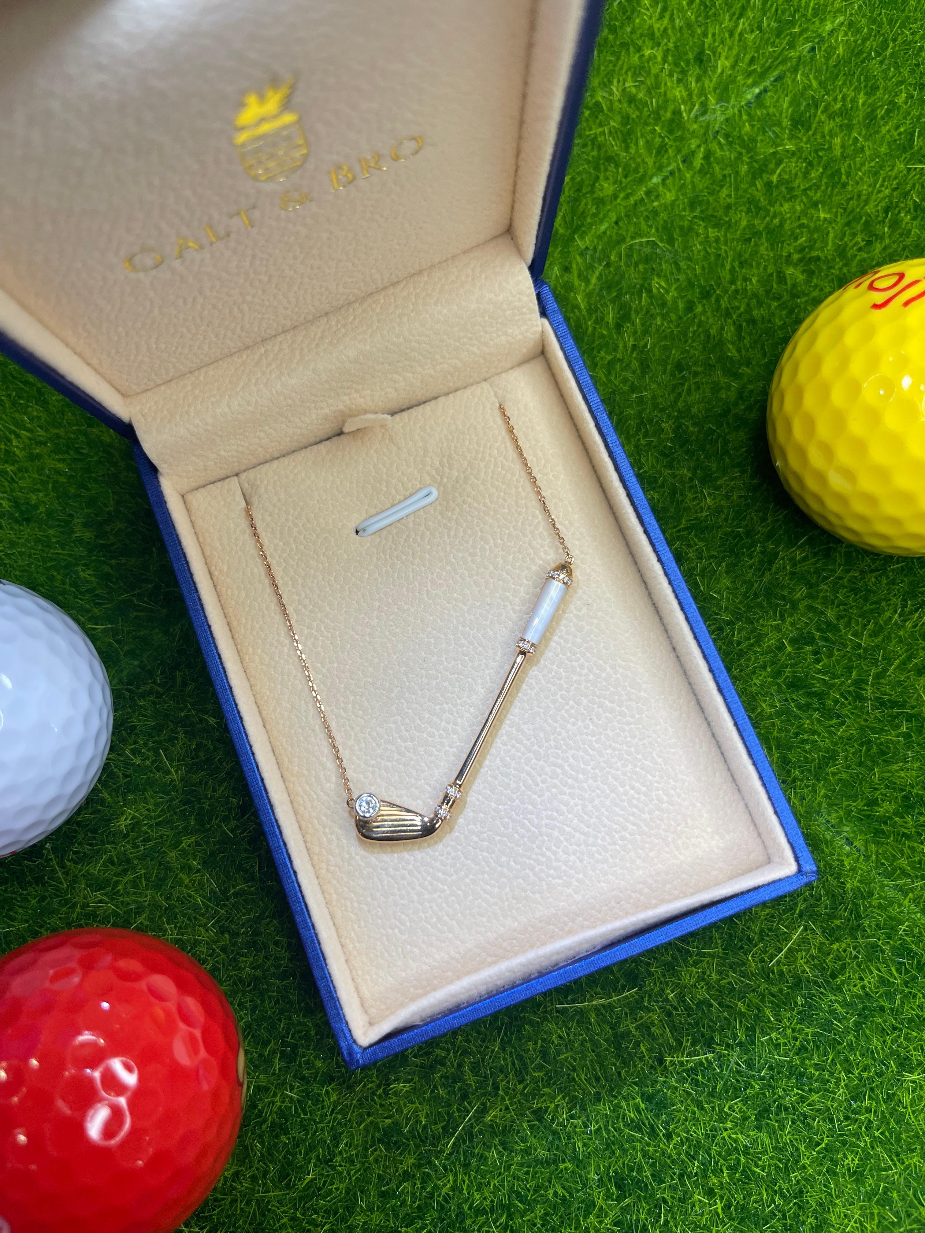 Modern Diamond White Pearl Golf Club Birdie Charm 18 Karat Rose Gold Necklace Pendant For Sale