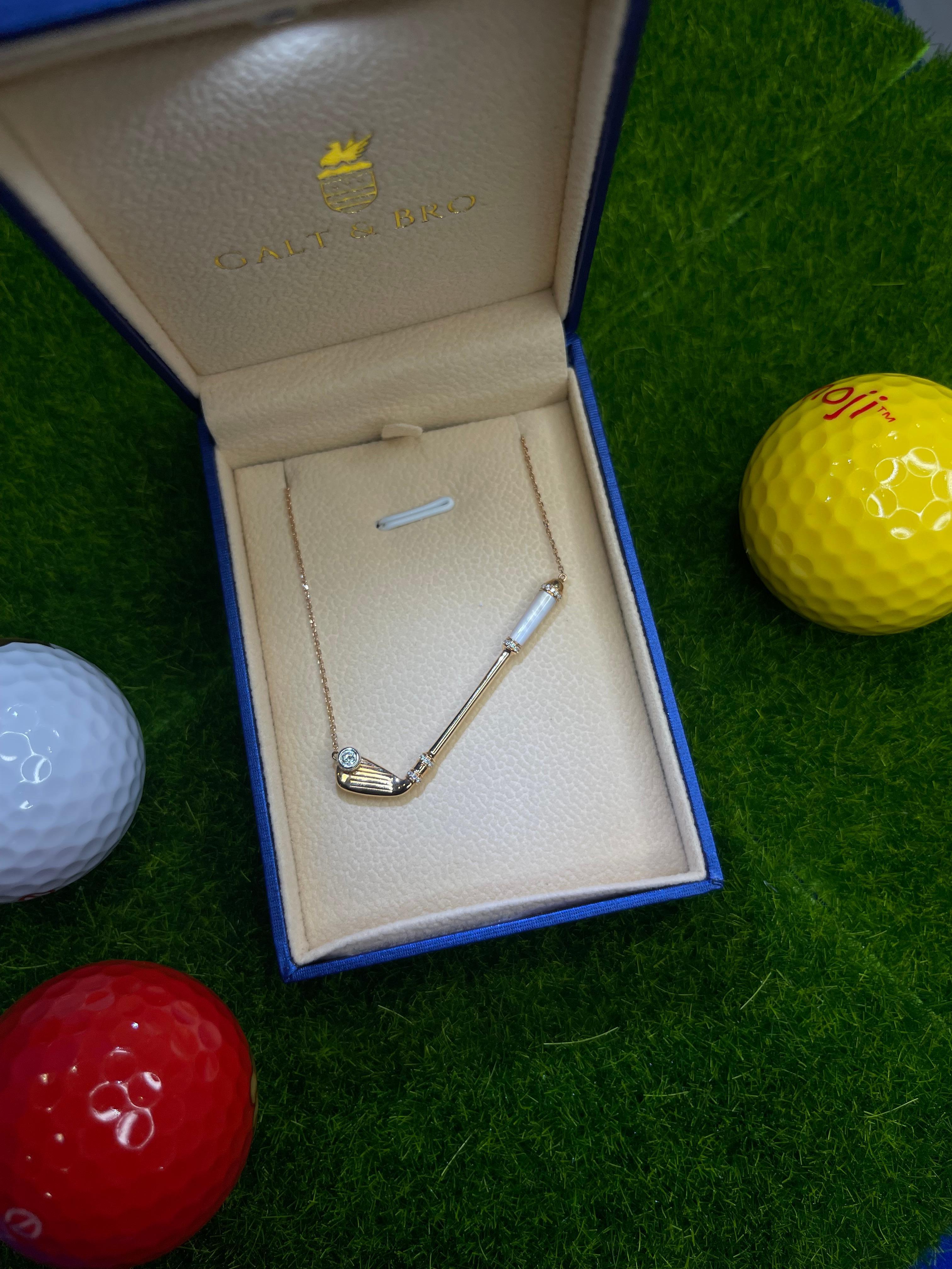 Mixed Cut Diamond White Pearl Golf Club Birdie Charm 18 Karat Rose Gold Necklace Pendant For Sale
