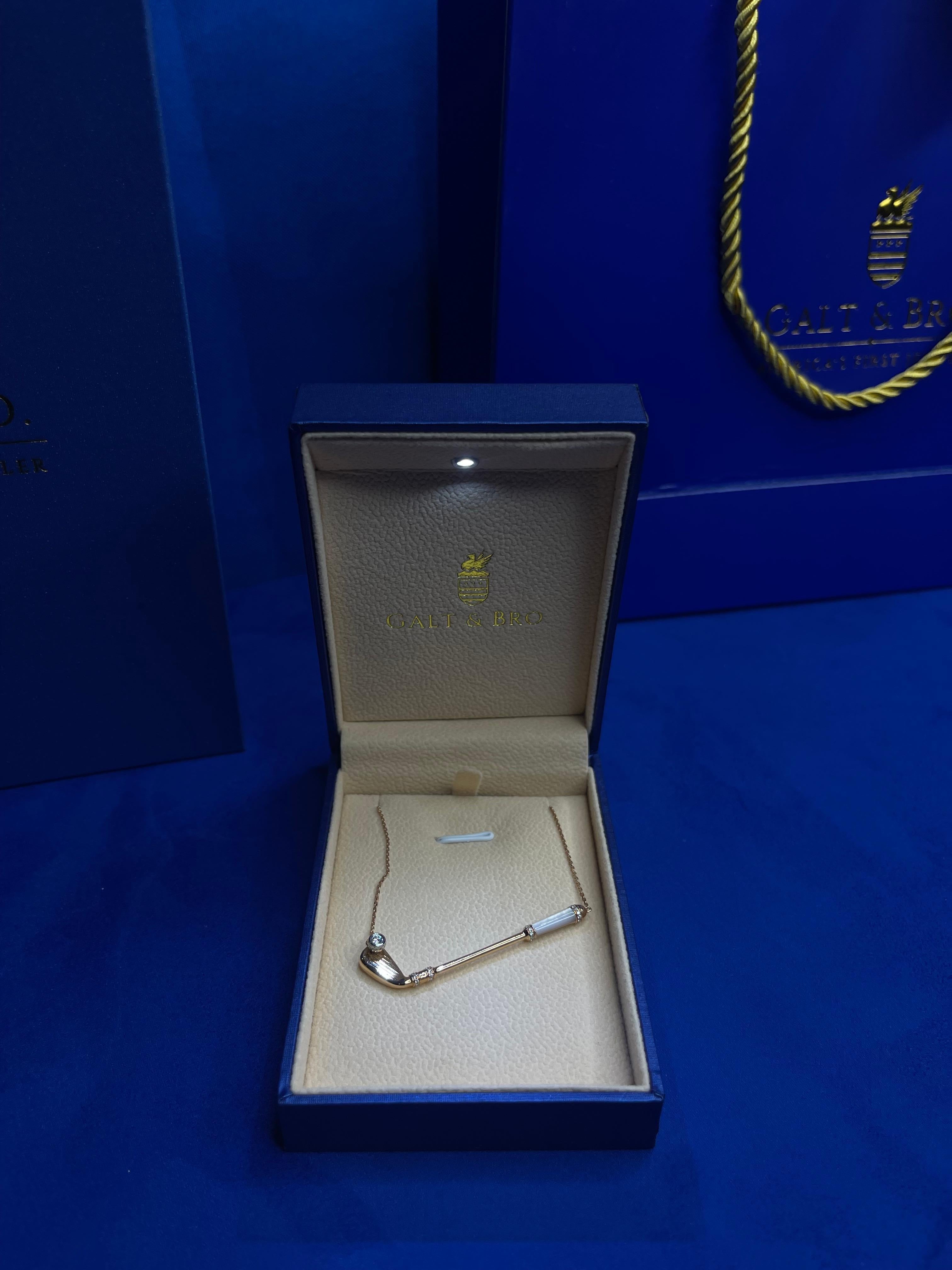 Diamond White Pearl Golf Club Birdie Charm 18 Karat Rose Gold Necklace Pendant For Sale 1