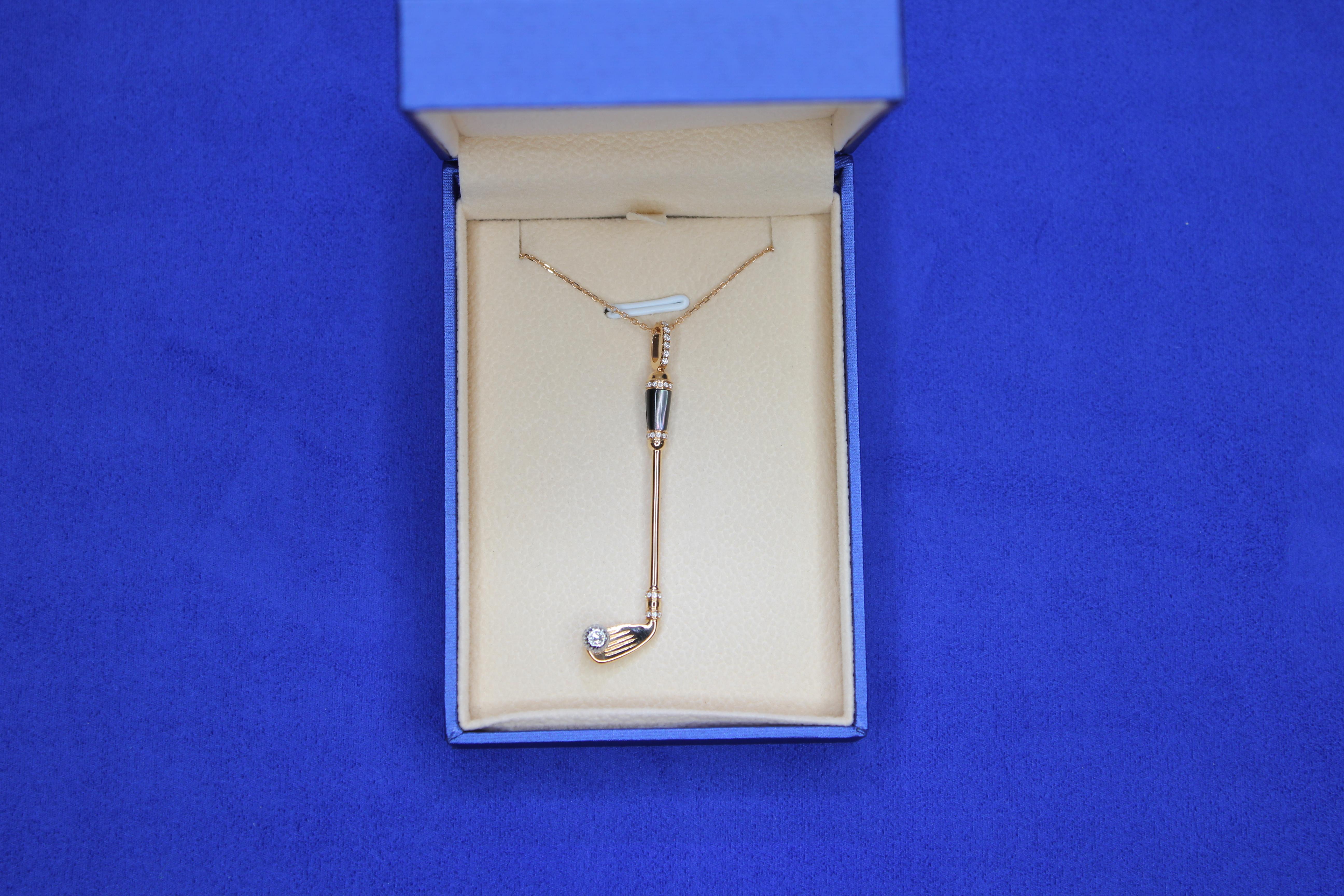 Diamond Grey Black Pearl Golf Club Birdie Charm 18 Karat Gold Necklace Pendant In New Condition For Sale In Oakton, VA