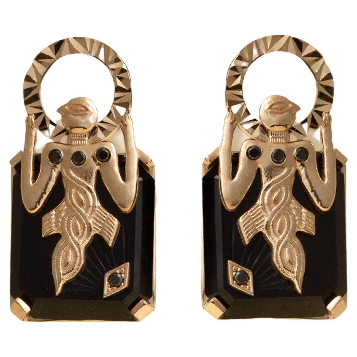 Birdman Onyx Gold Earrings For Sale