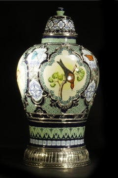 Birds and Butterflies Jar, Ceramic and White Metal 'Alpaca'