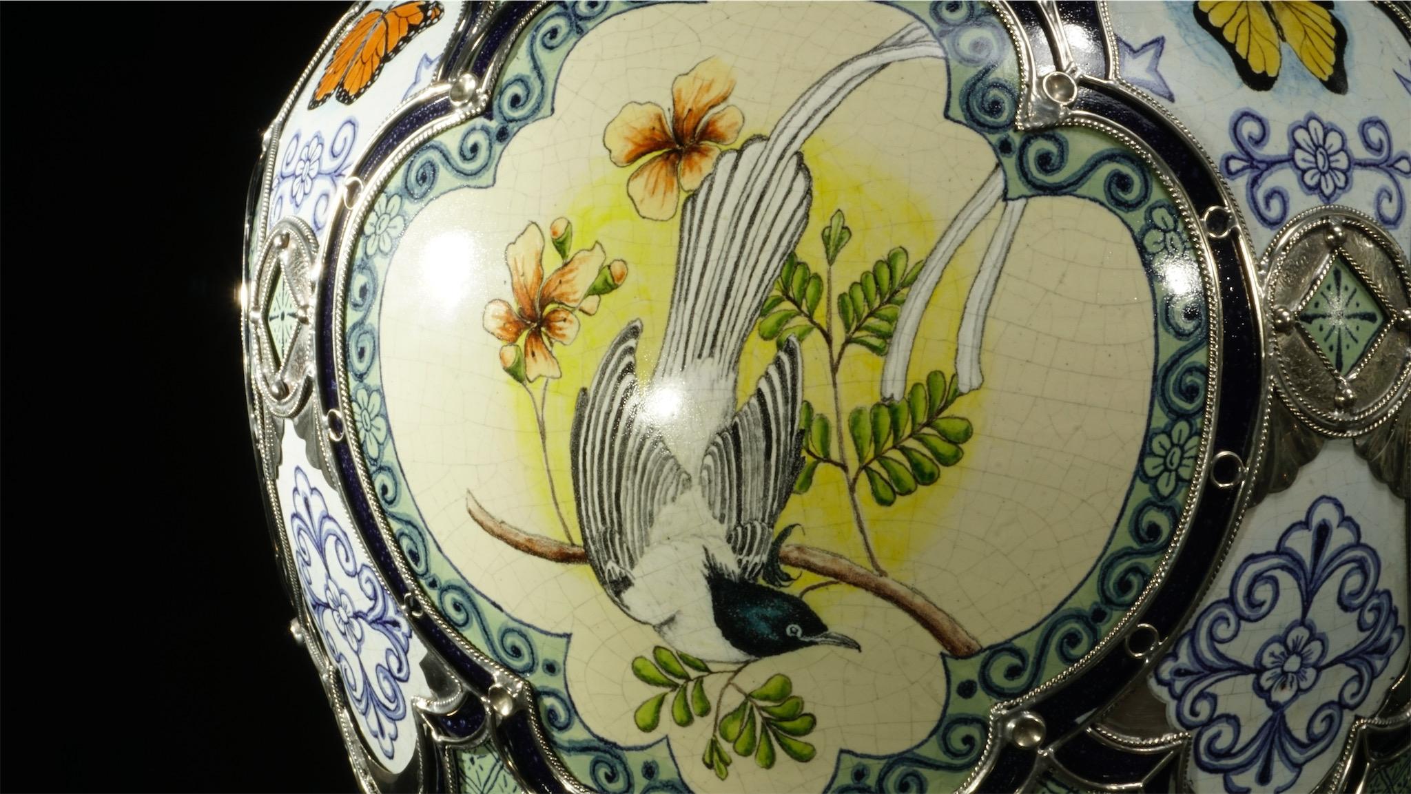 Birds and Butterflies Jar, Ceramic and White Metal 'Alpaca' 1