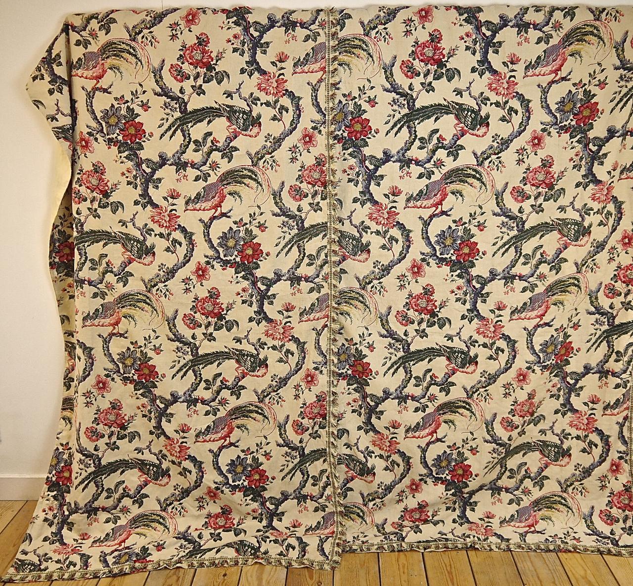 Marvellous set of a French late 19th century large panel and pair of curtains printed on linen with an indienne design of birds and flowers on meandering branches.
Trimmed with cotton fringing and lined in cotton.
Some slight faded sun marks on the