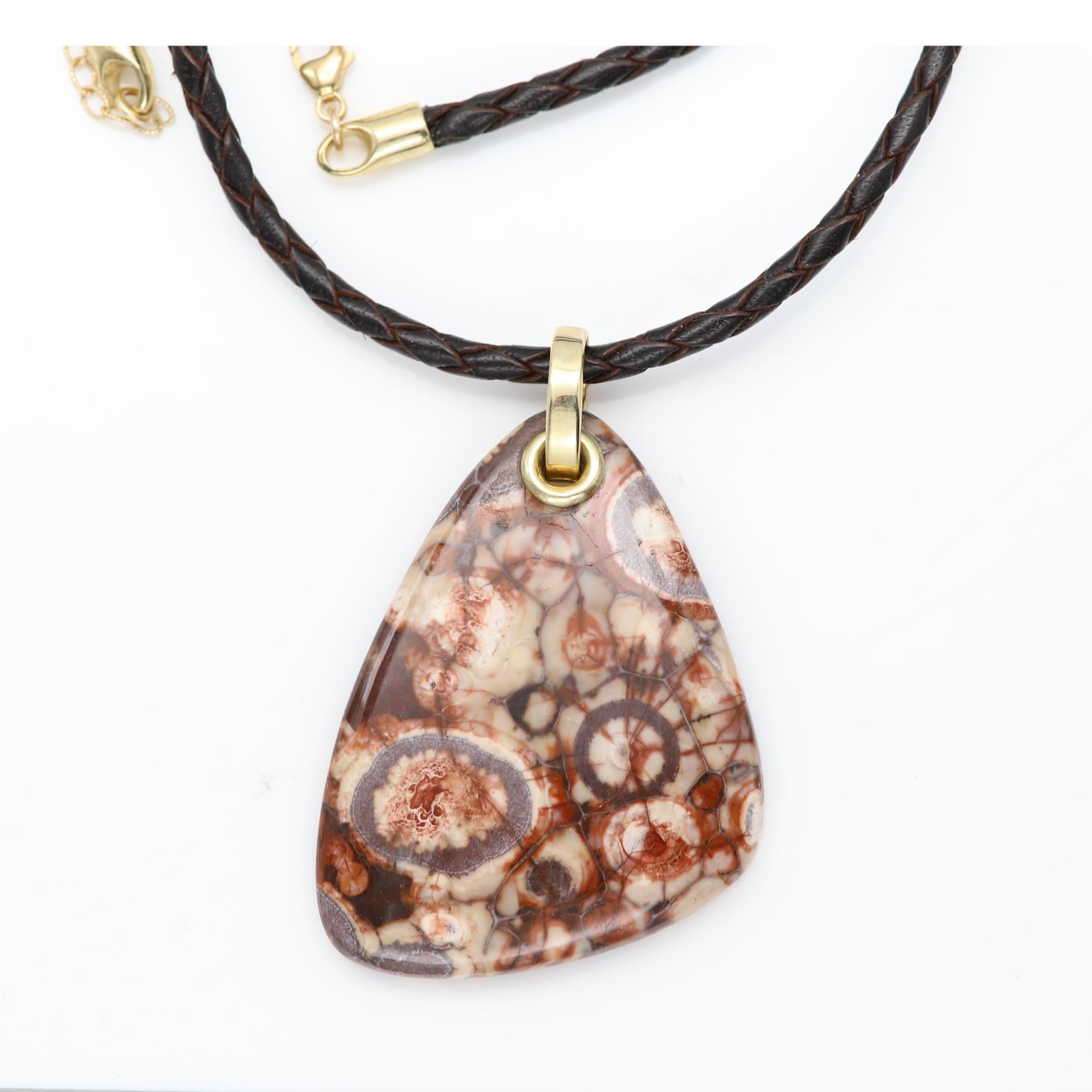 Tumbled Birds Eye Jasper Natural Stone Necklace 14 Karat Yellow Gold & Italian Leather For Sale