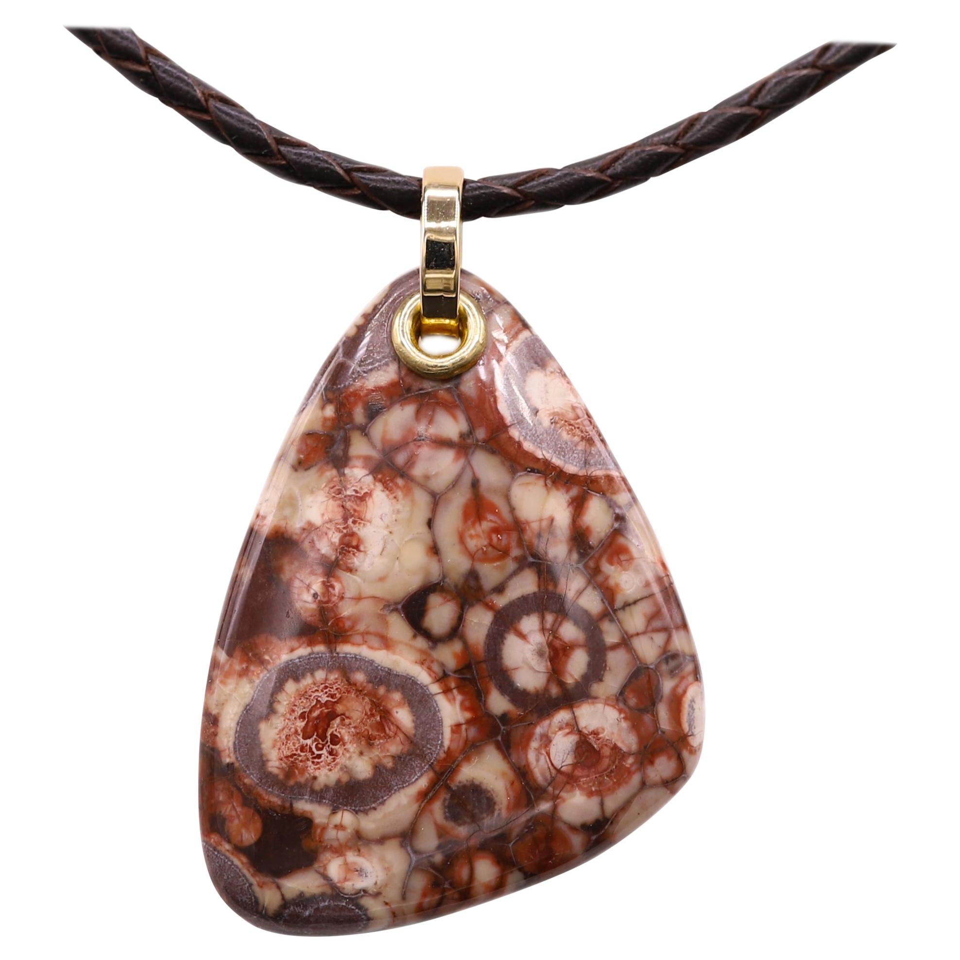Birds Eye Jasper Natural Stone Necklace 14 Karat Yellow Gold & Italian Leather