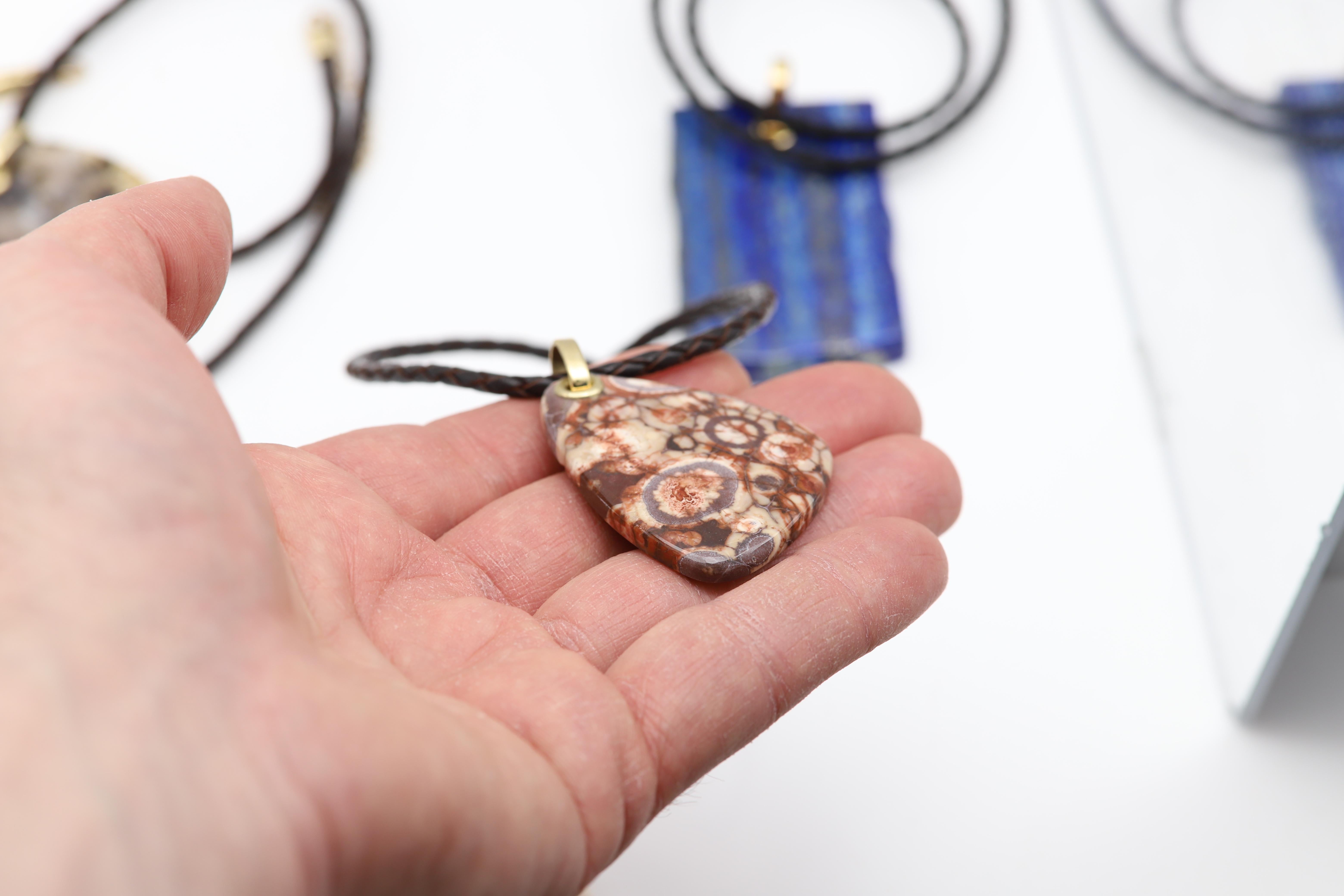 Tumbled Birds Eye Jasper Natural Stone Necklace 14 Karat Yellow Gold & Leather For Sale