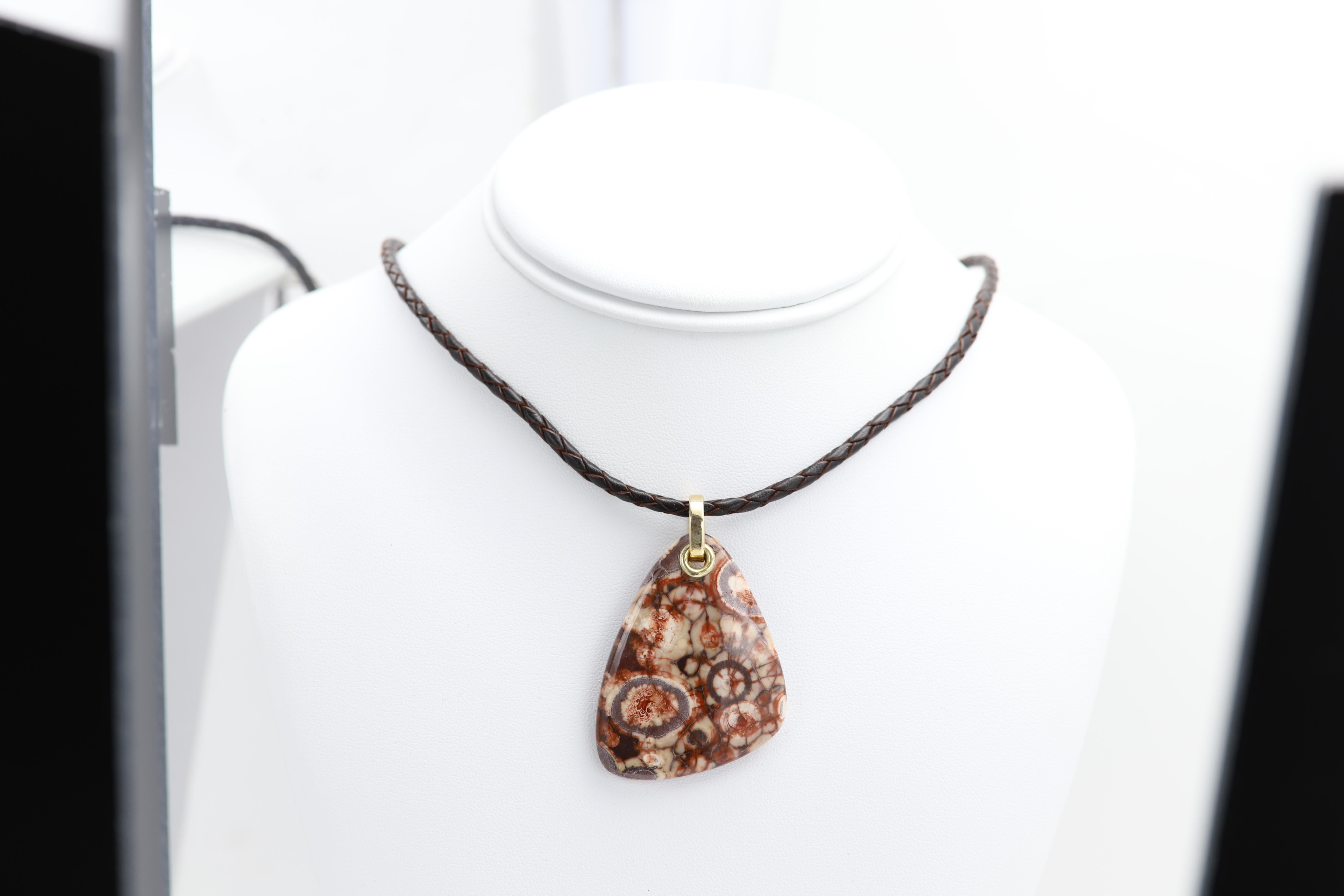 Birds Eye Jasper Natural Stone Necklace 14 Karat Yellow Gold & Leather In New Condition For Sale In Brooklyn, NY