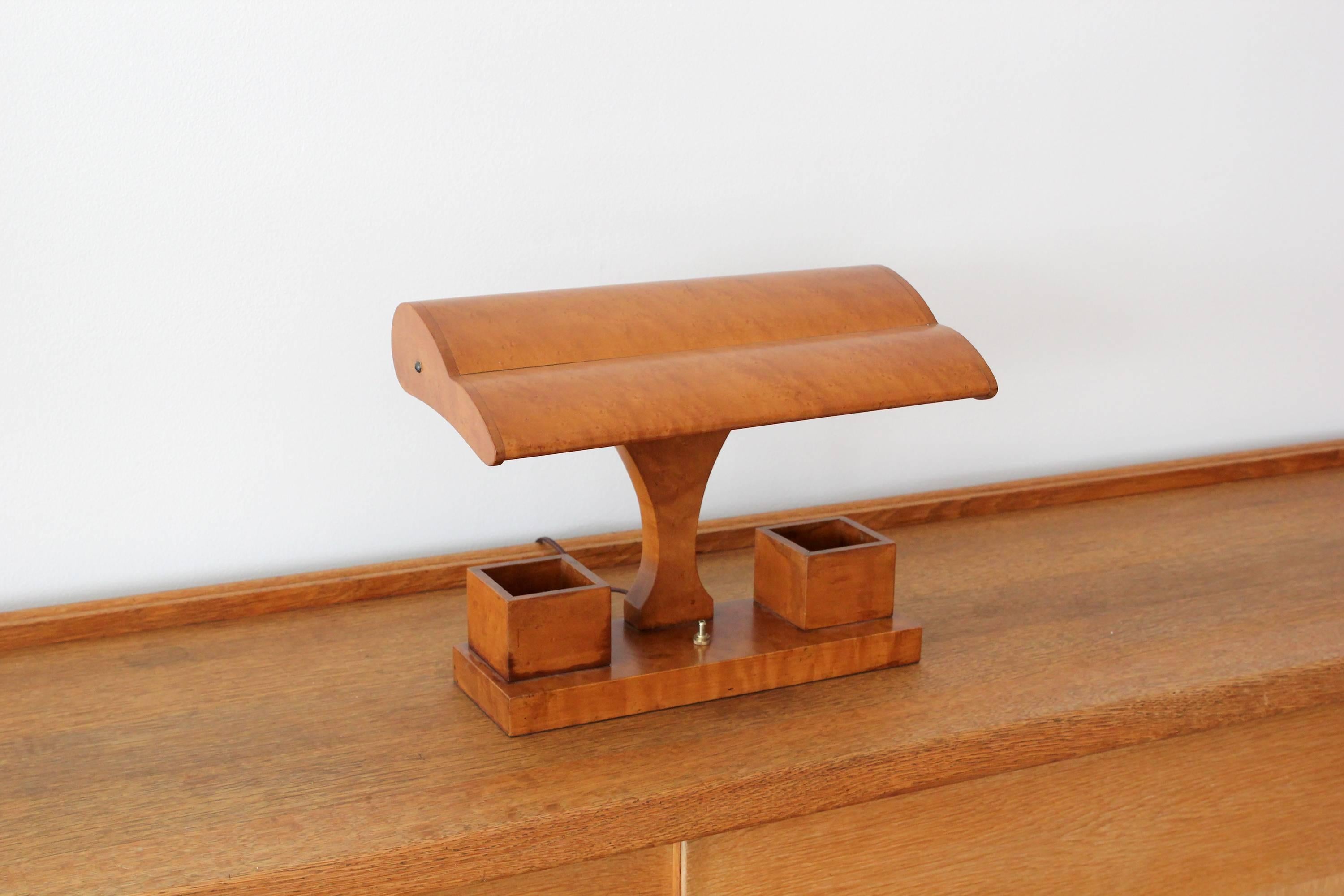 Unique solid bird's-eye maple wood desk light with wood shade and two cubbies / pencil holders
Newly rewired.