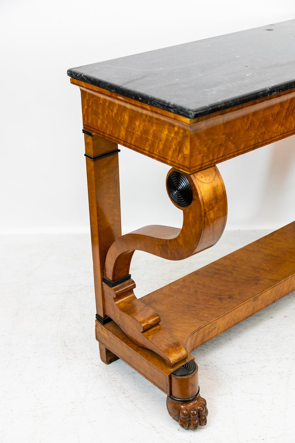 Veneer Bird's-Eye Maple German Bierdermier Marble-Top Console Table For Sale