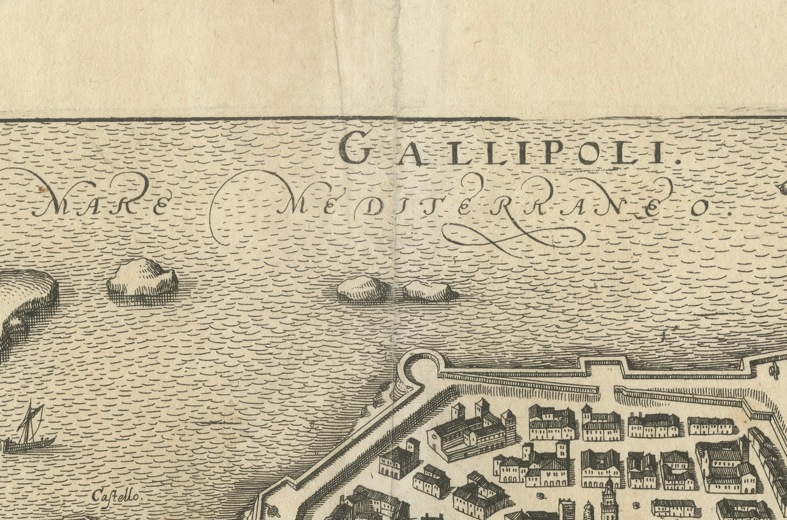 Carte de Gallipoli vue à vol d'oiseau : Le joyau ionien fortifié de Mattheus Merian

Description :

Cette carte exquise et détaillée de Gallipoli, réalisée par le célèbre graveur Mattheus Merian, offre une perspective unique de la ville fortifiée